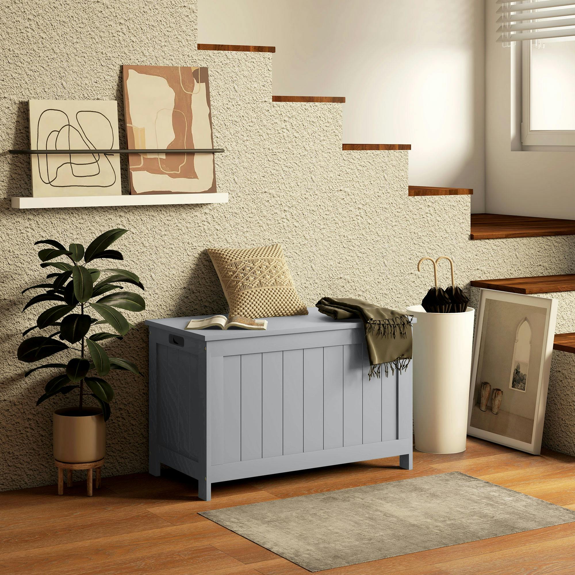 Homcom Grey Storage Chest With 2 Safety Hinges, Modern Storage Bench,