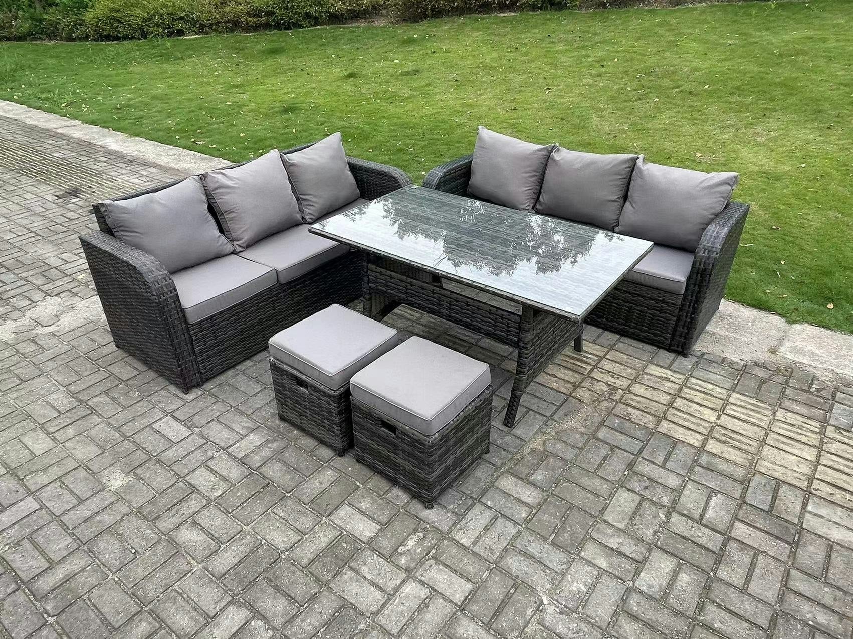 Fimous Dark/Grey Pe Wicker Rattan Garden Furniture Set Lounge Sofa 3 Seater Sofa Set Outdoor Rectangular Dining Table With 2 Stools 8 Seater