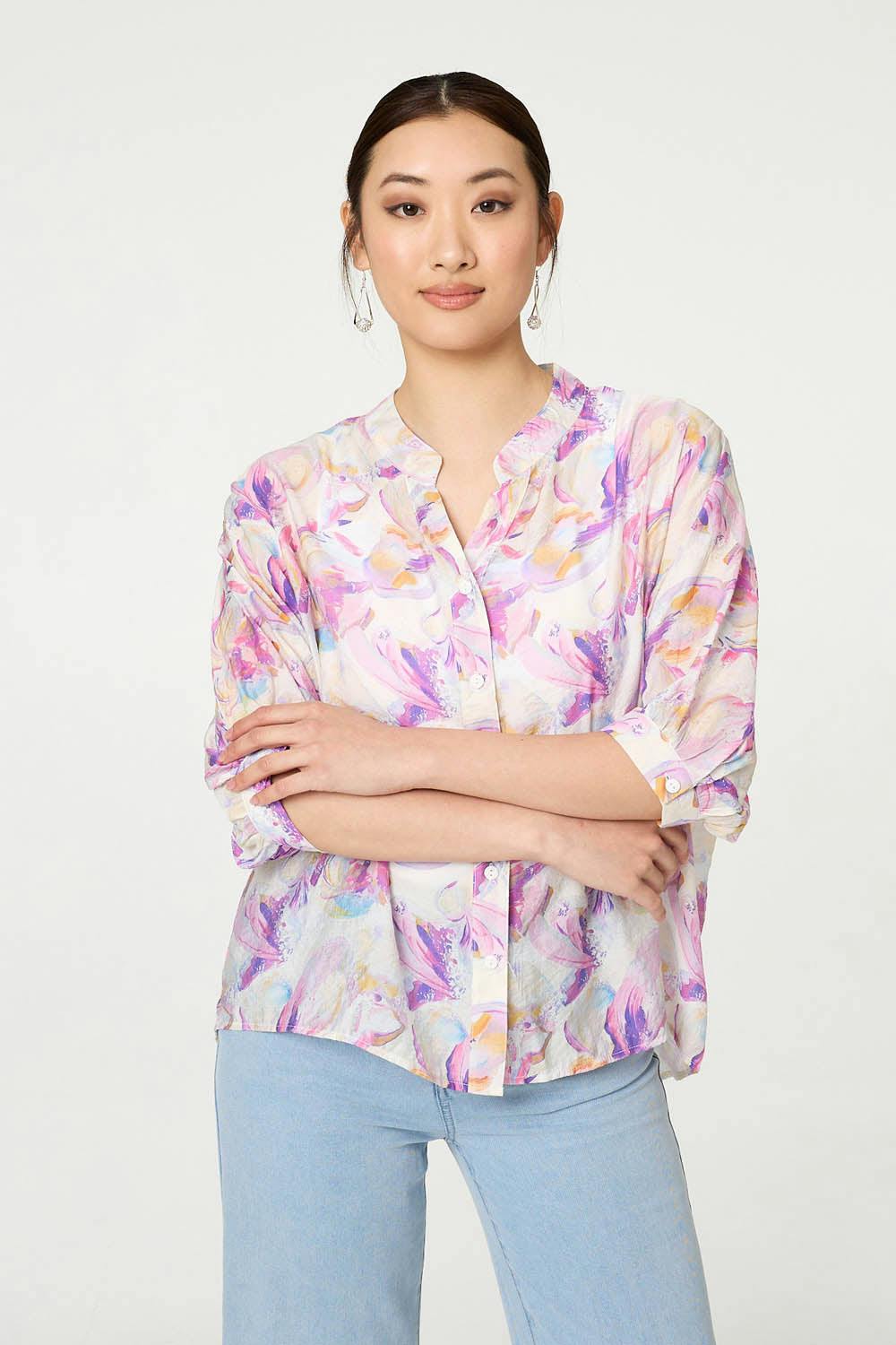 Izabel London Pink Abstract Curve Hem 3/4 Sleeve Blouse - 16