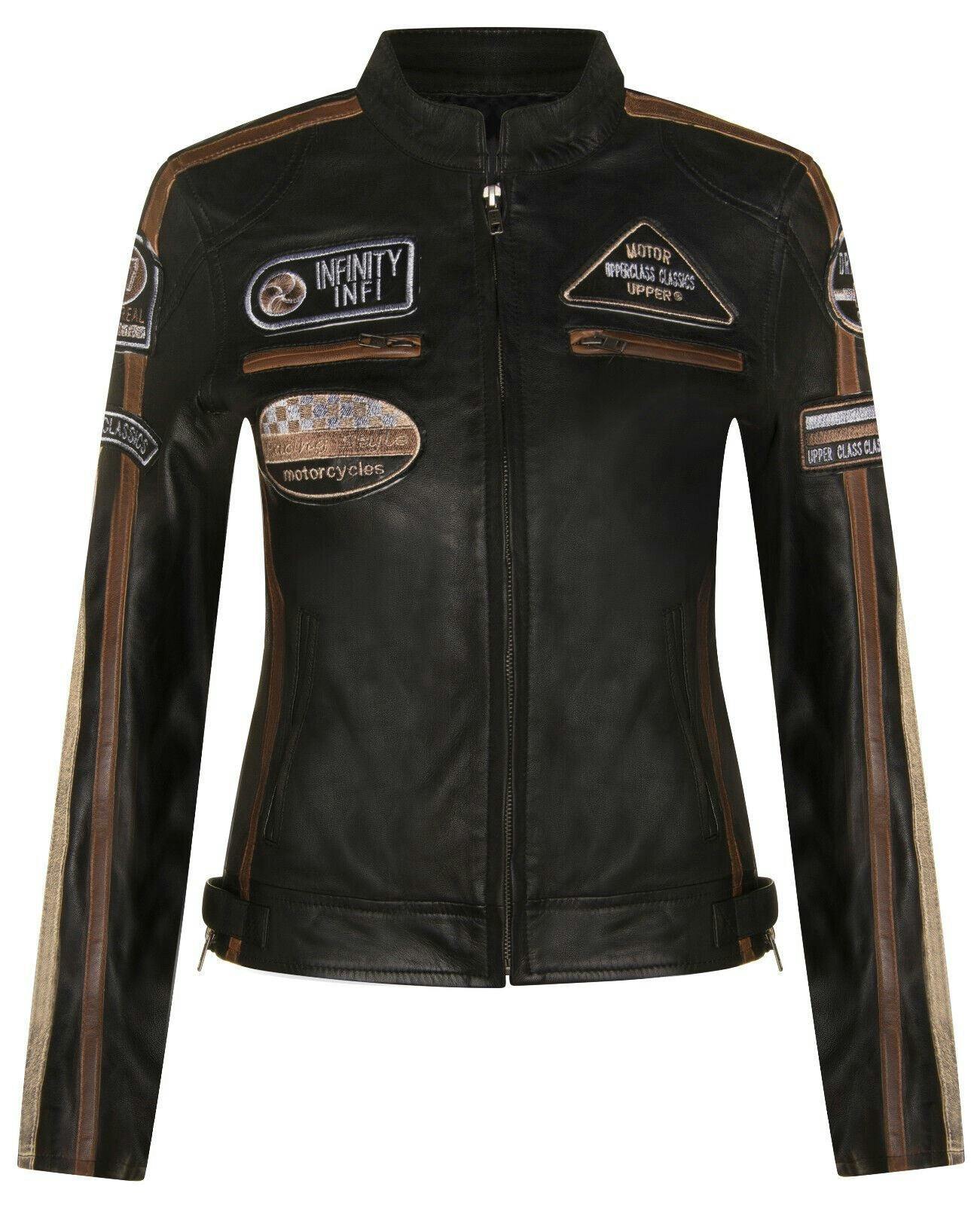 Infinity Leather Women's Black Biker Racing Badges Leather Jacket-Eastleigh - Uk Xs/8 | Eu 34 | Us 4