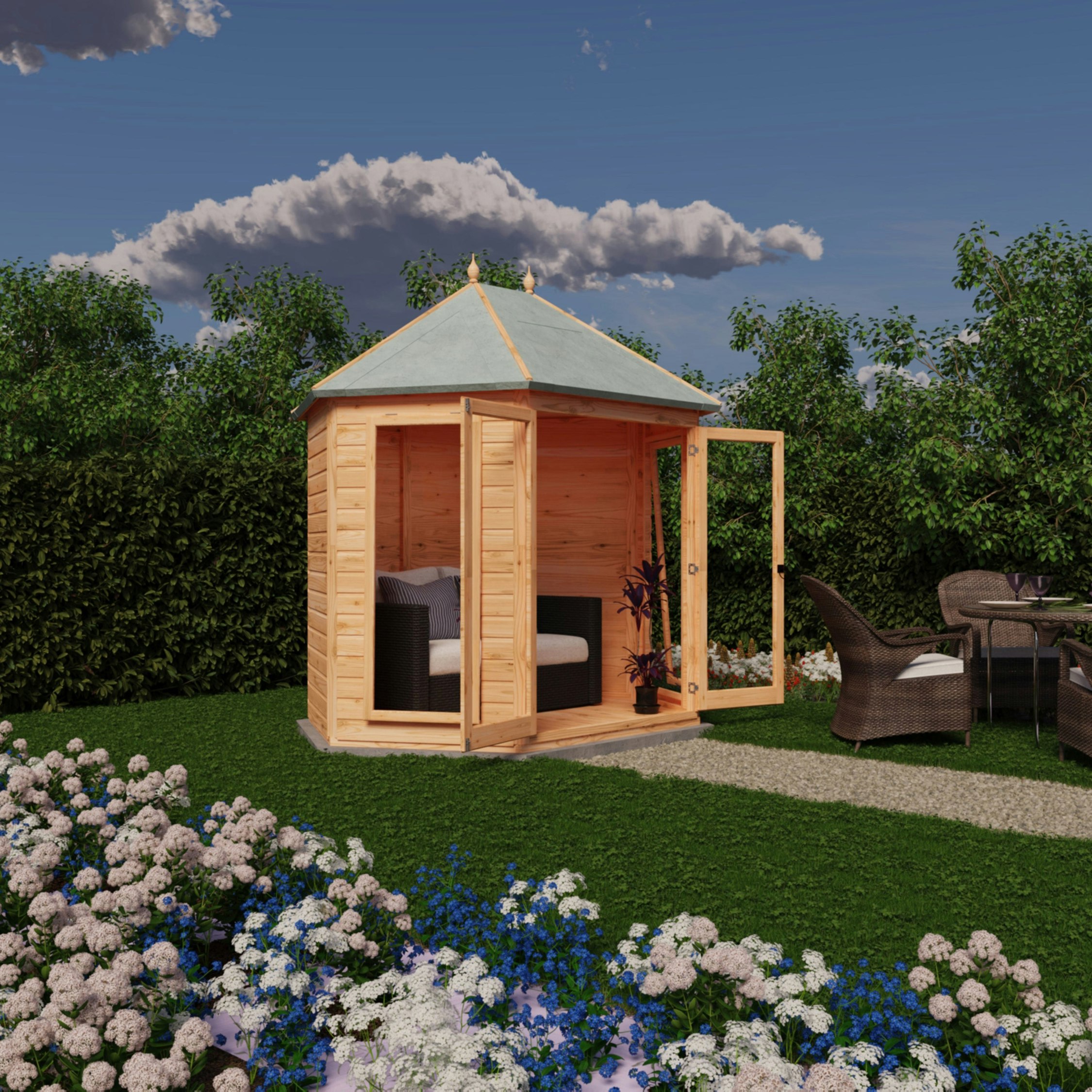 Rackhams Light Buttermere Hexagonal Gazebo Summerhouse 8X7 Double Doors 12Mm Cladding