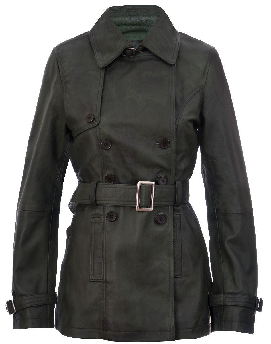 Infinity Leather Women's Green Mid Length Leather Trench Coat -Oakham - Uk M/12 | Eu 38 | Us 8