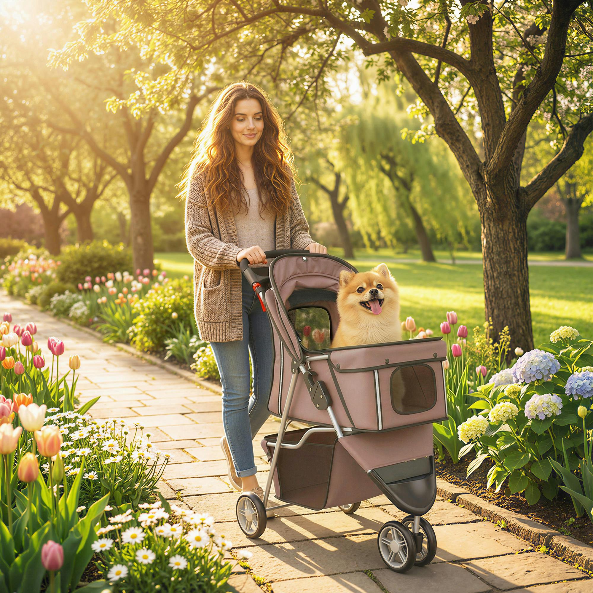 Pawhut Brown Pet Stroller Pushchair Carrier For Cat Puppy With 3 Wheels