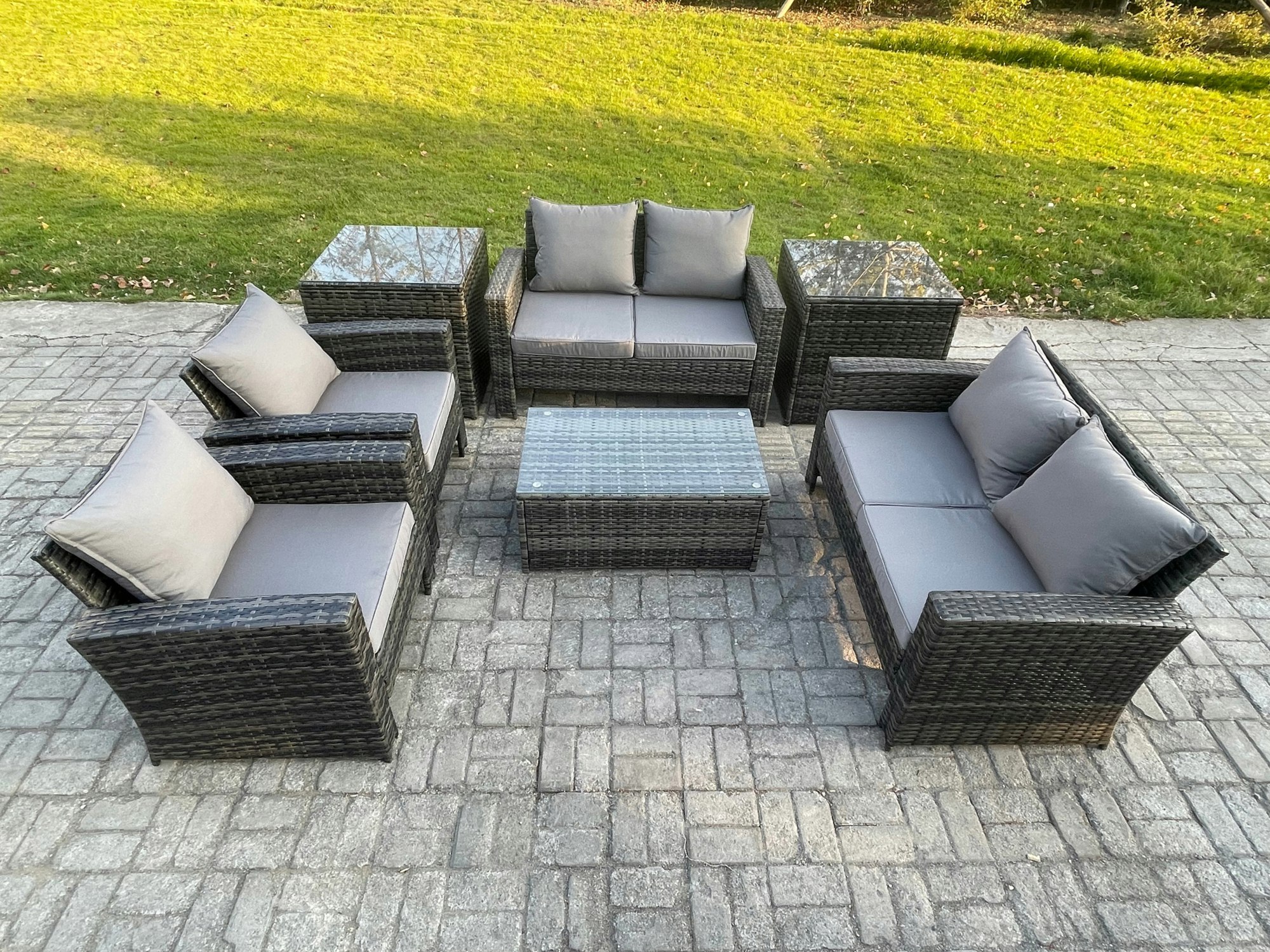 Fimous Dark/Grey Garden Furniture Sets 7 Pieces Outdoor Rattan Furniture Manual Wicker Patio Sofa Chair Set With Coffee Table 2 Side Tables Mixed