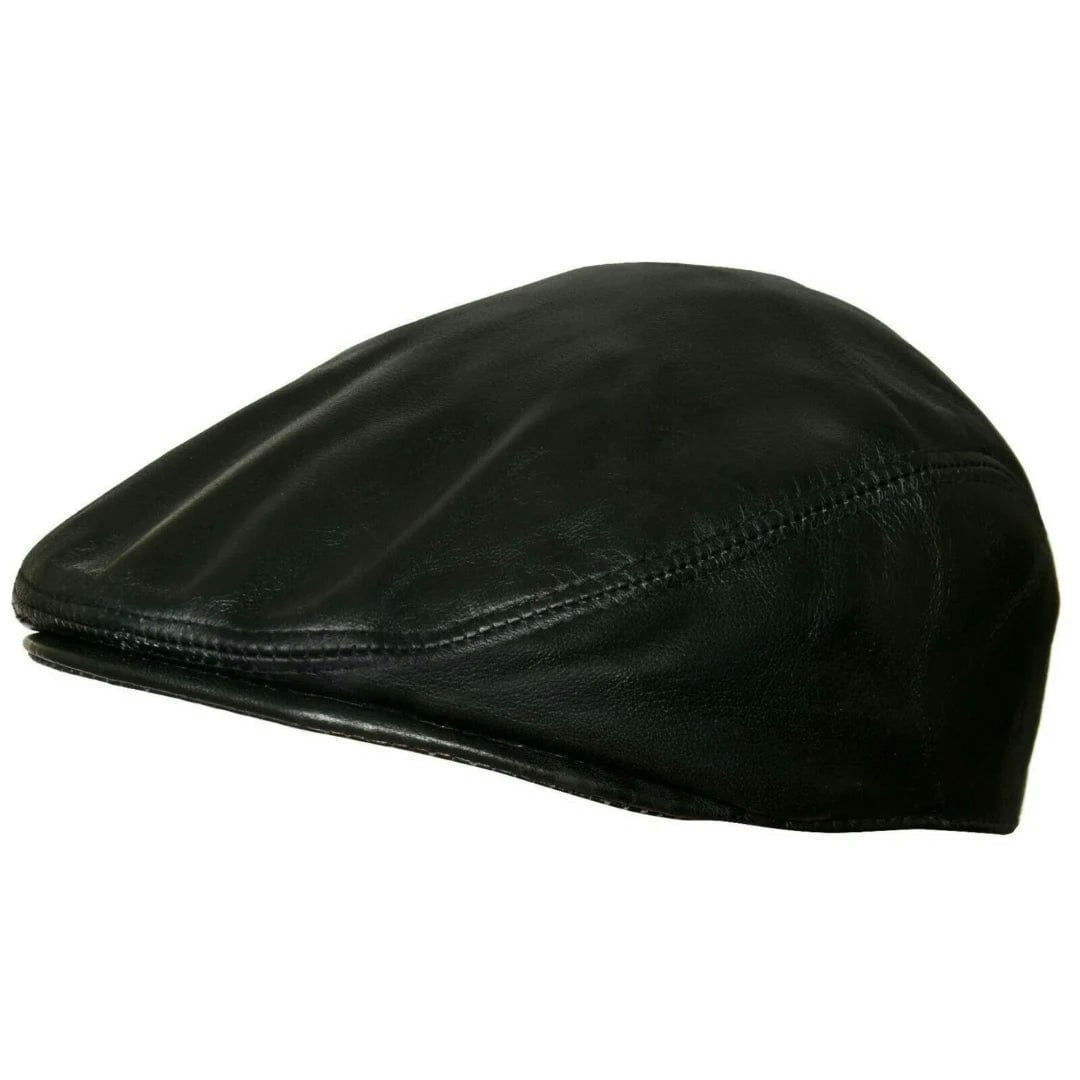 Infinity Leather Men's Black Real Leather Ivy Newsboy Peaked Flat Cap - 60