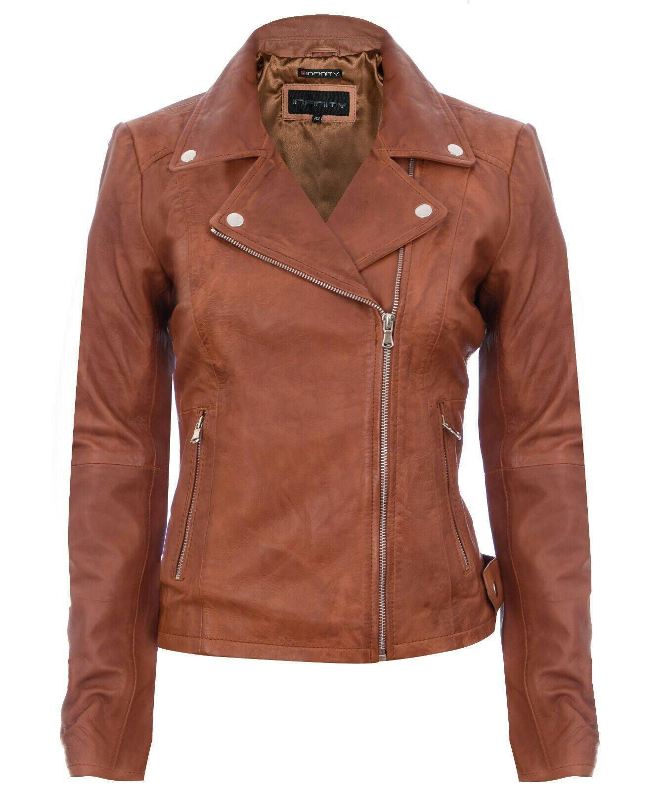 Infinity Leather Women's Tan Leather Biker Jacket-Sacramento - Tan - Uk 3XL/20 | Eu 46 | Us 16