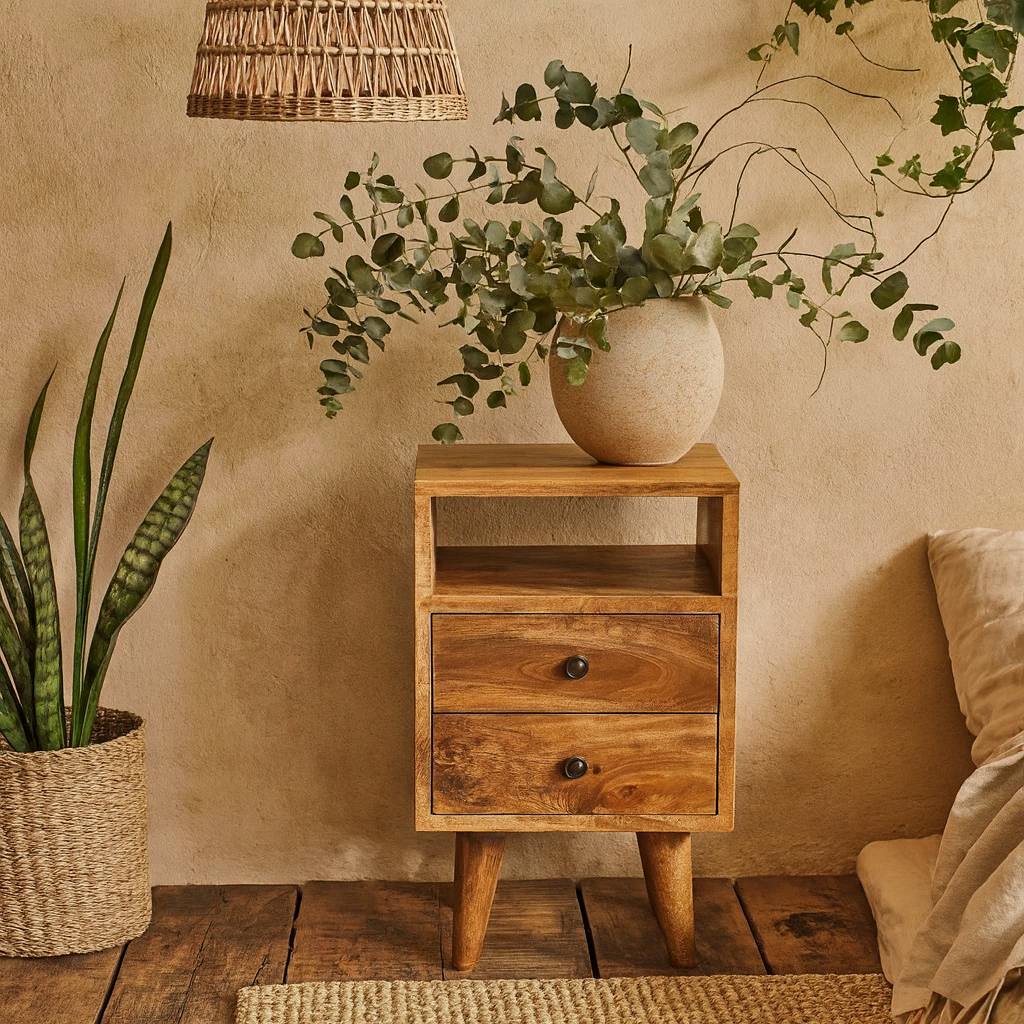 Rackhams Light Parma Mini Oak Mango Wood Classic Open Bedside Table 2 Drawers And Shelf