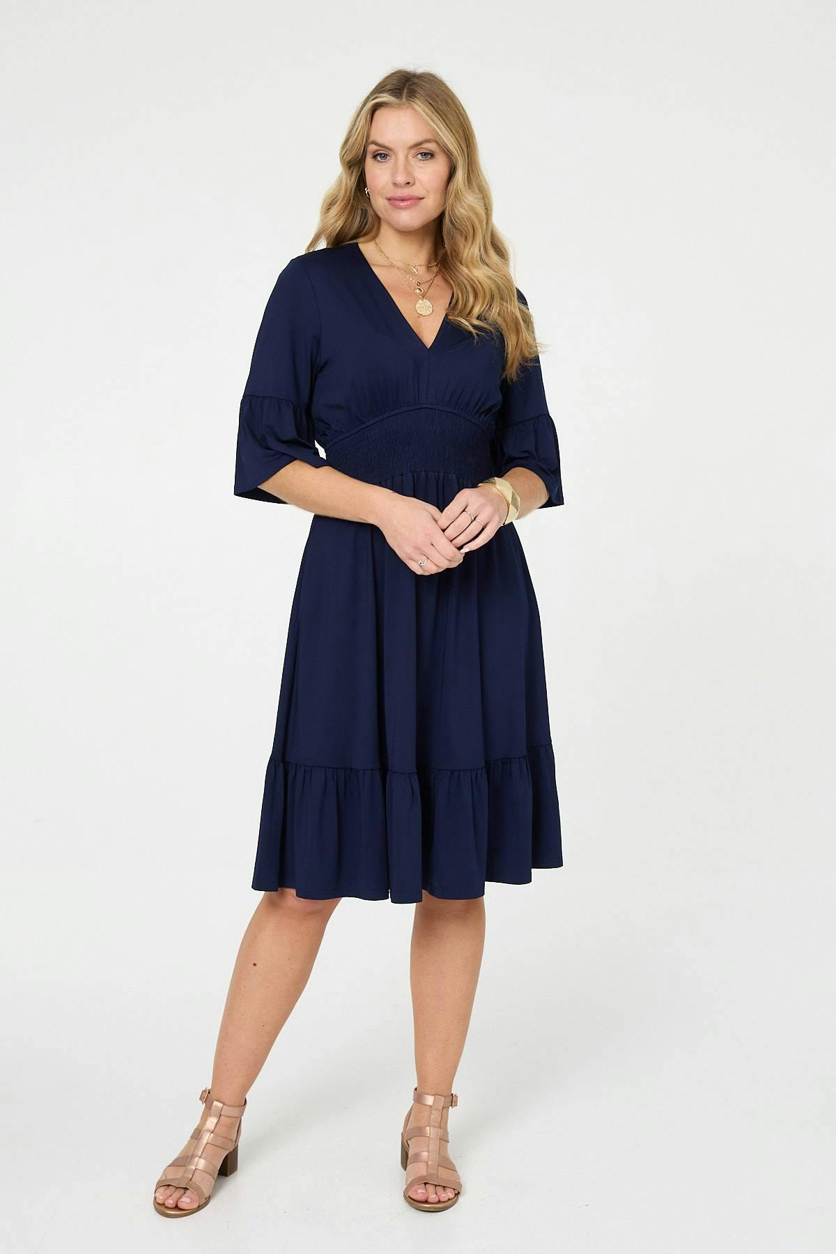 Izabel London Blue Shirred Waist 3/4 Sleeve Midi Dress - 8
