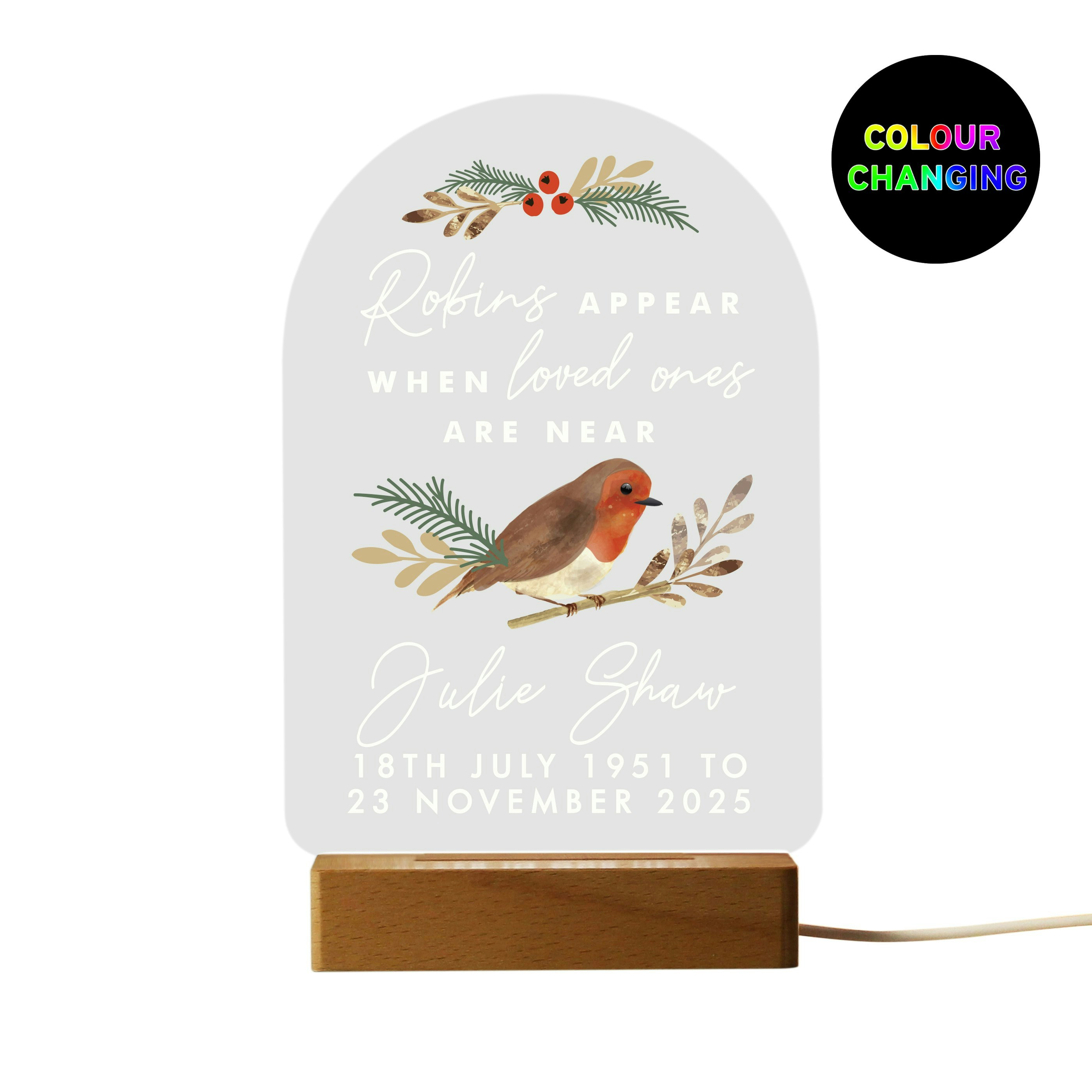 Personalised Memento Company Light Personalised Robins Appear Wooden Based Led