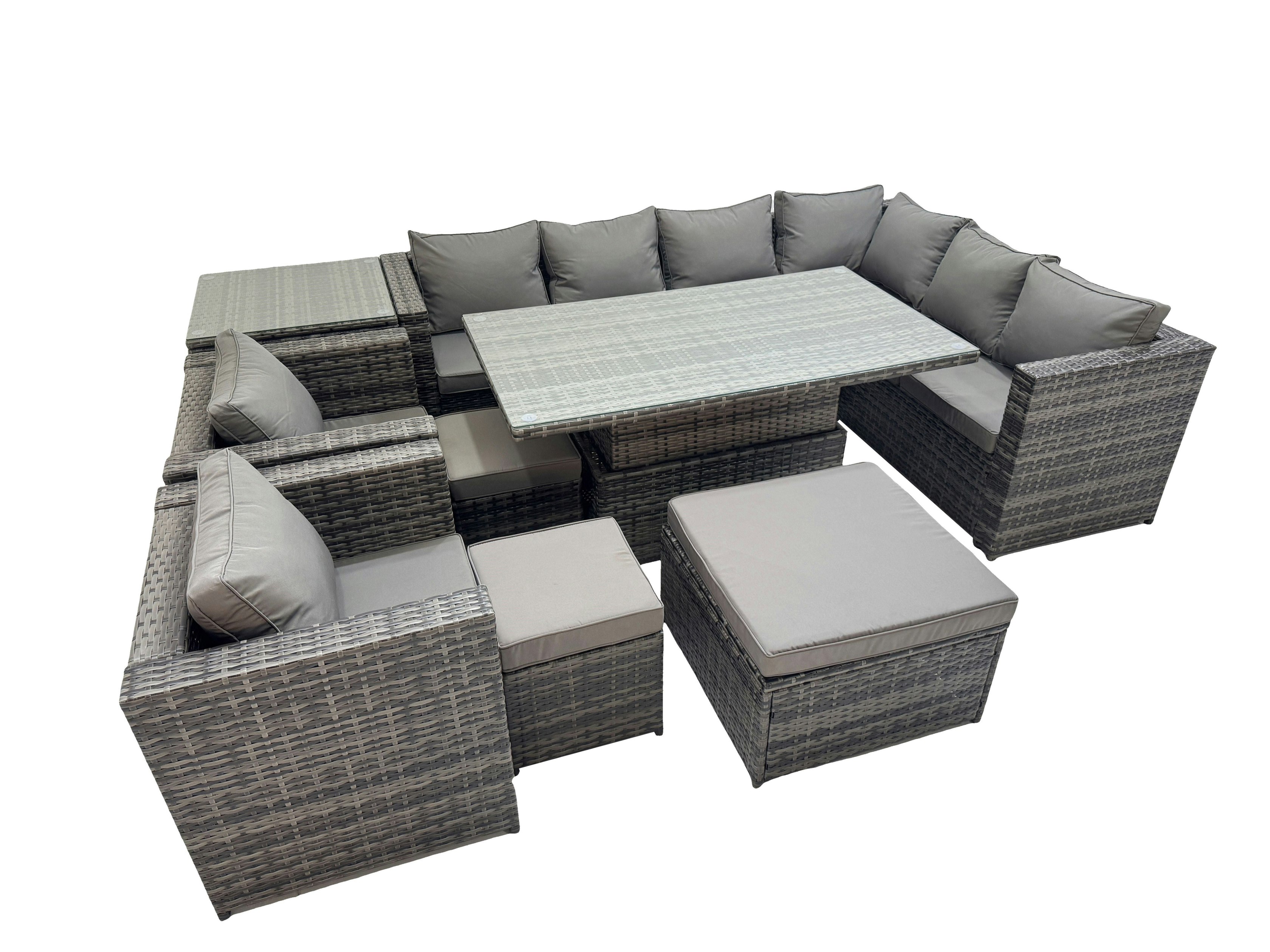 Rackhams Dark/Grey 11 Seater Rattan Height Adjustable Rising Lifting Table Corner Sofa Sets With 2 Chairs 3 Stool Side Table Mixed