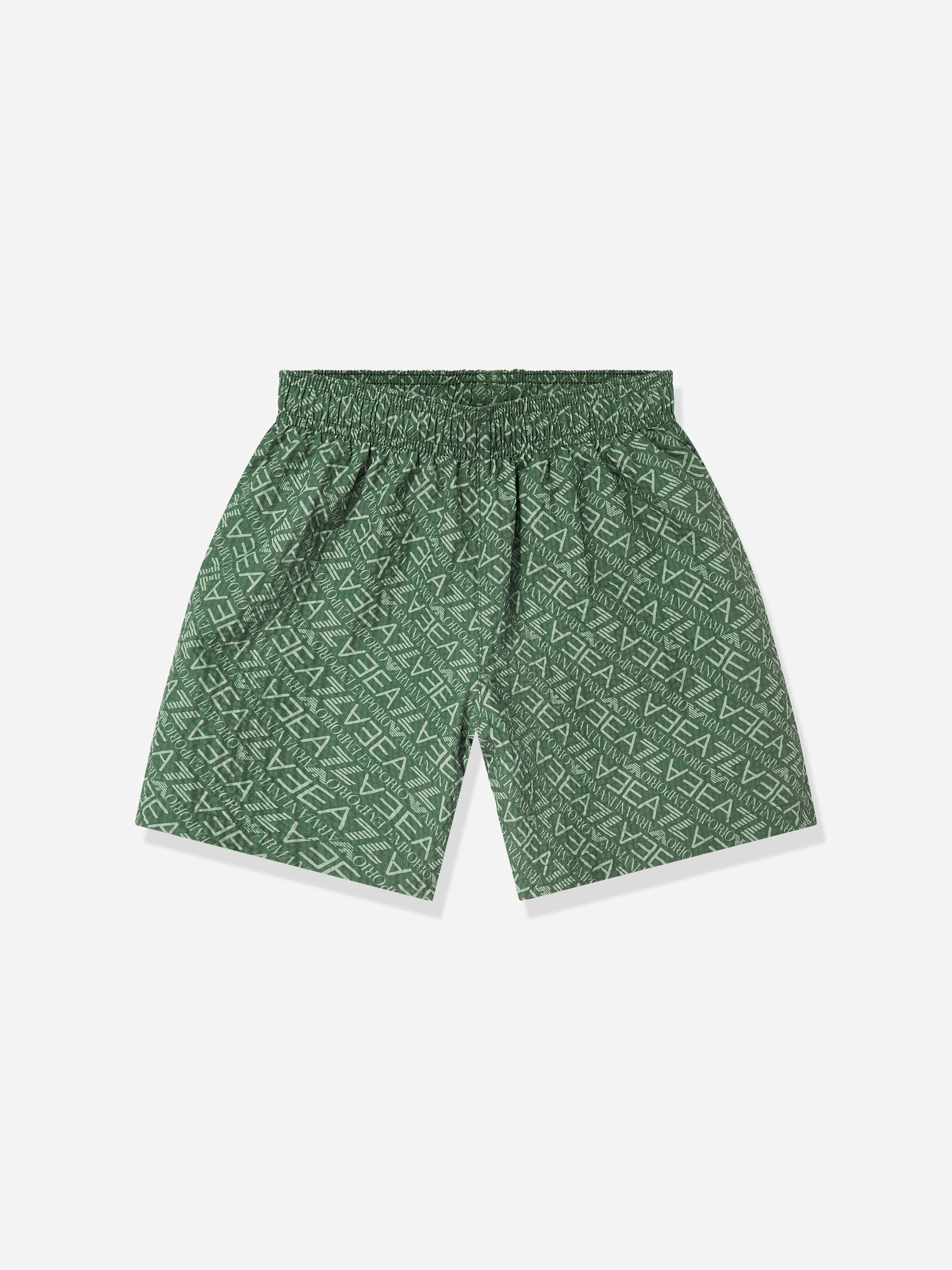 Ea7 Emporio Armani Boys Green Monogram Logo Swim Shorts In - 10 Yrs