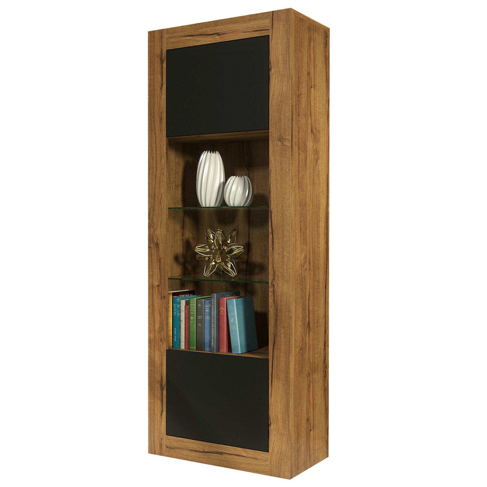 Mex Furniture Black Modern Display Cabinet 170Cm – Oak Body & Matt Doors - 170 - Mdf/Chipboard - 1