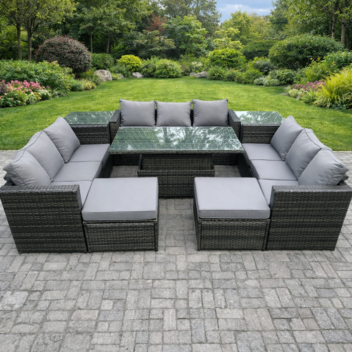 Fimous Dark/Grey 11 Seater Pe Rattan Outdoor Sofa Set With Rising Dining Table, 2 Side Tables, 2 Footstools