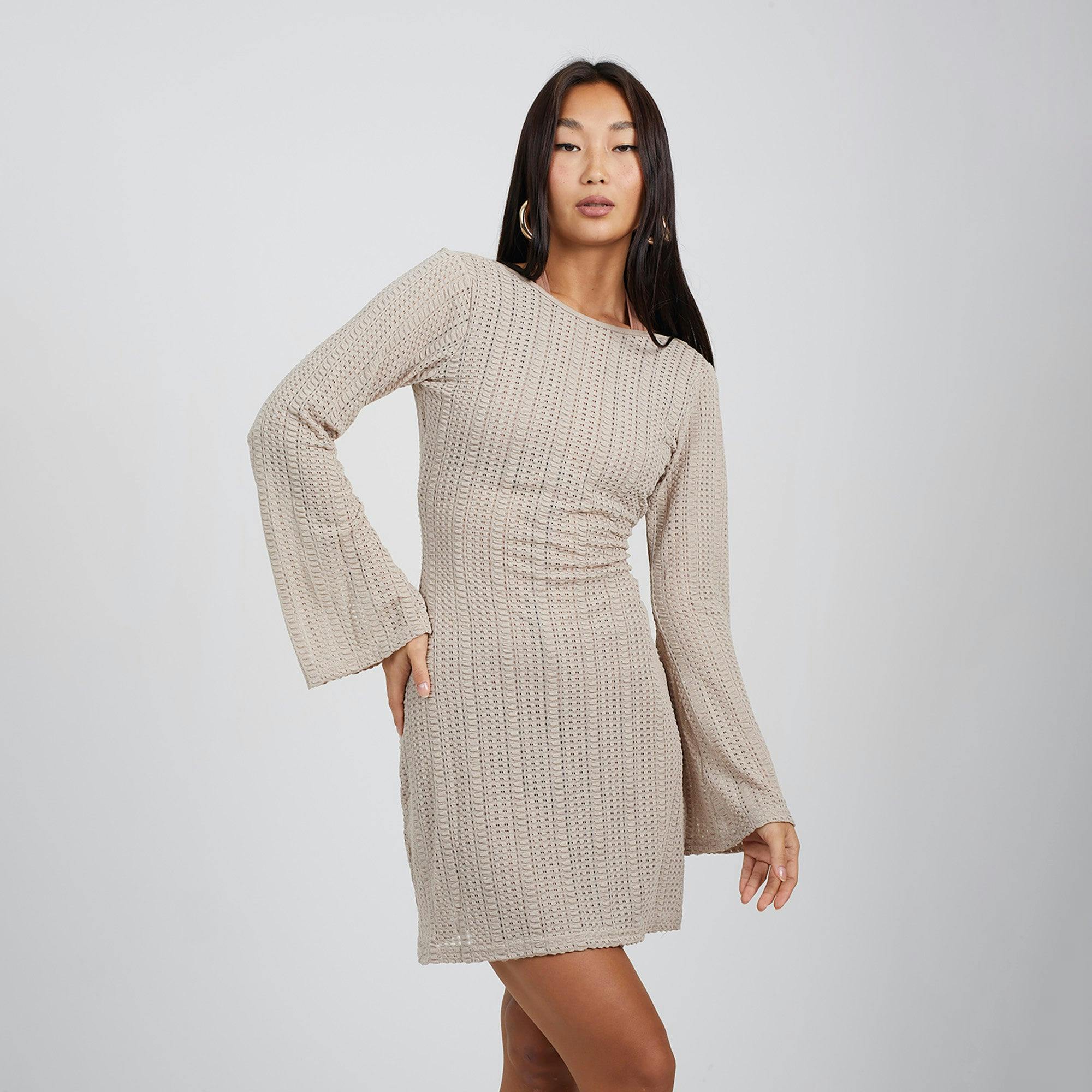 Brave Soul Long Sleeve Knitted Mesh Mini Dress - Taupe - Taupe - S