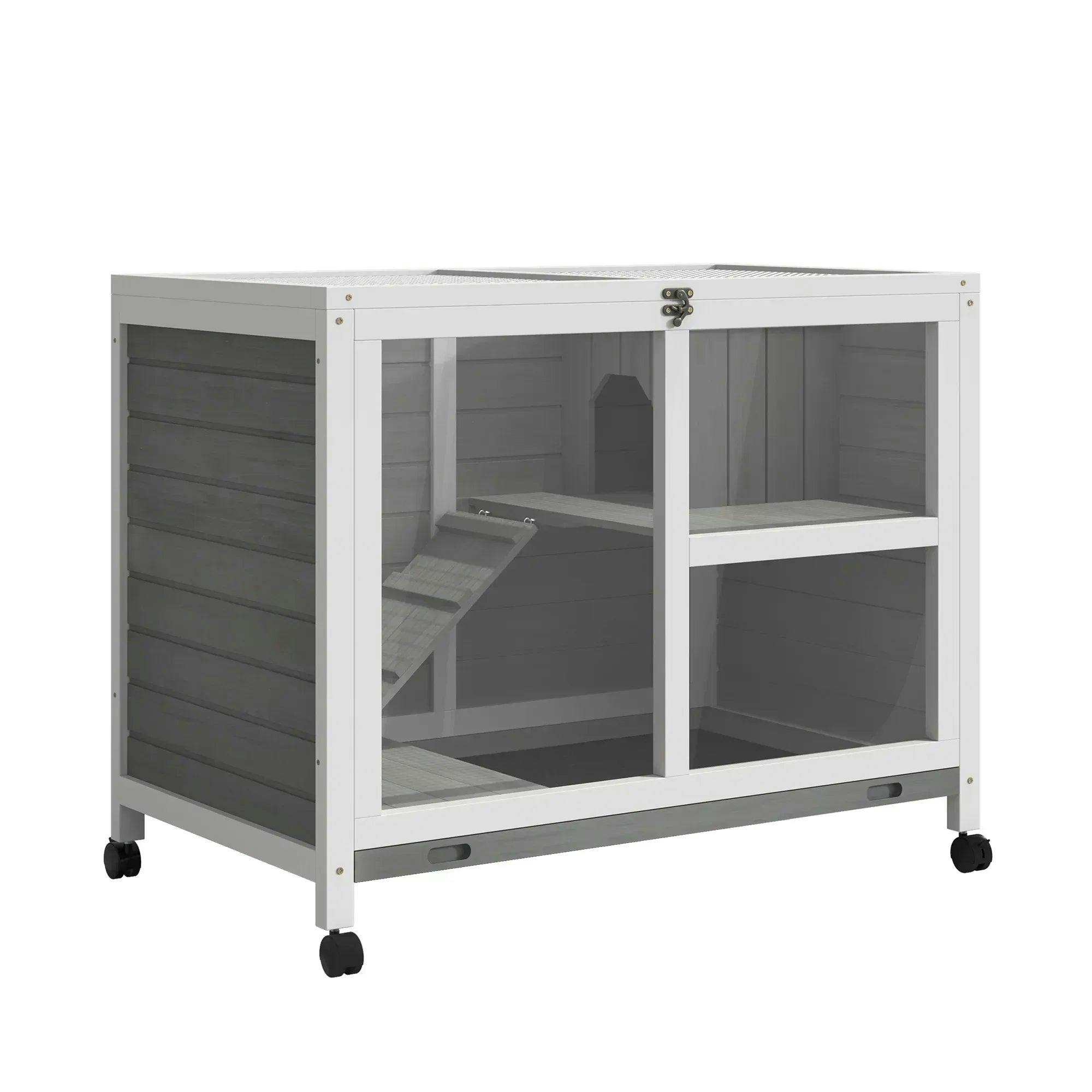 Pawhut Unisex Grey Wooden Rabbit Hutch Guinea Pigs House Animal Cage W/ Wheels In Extra Large - Image 5
