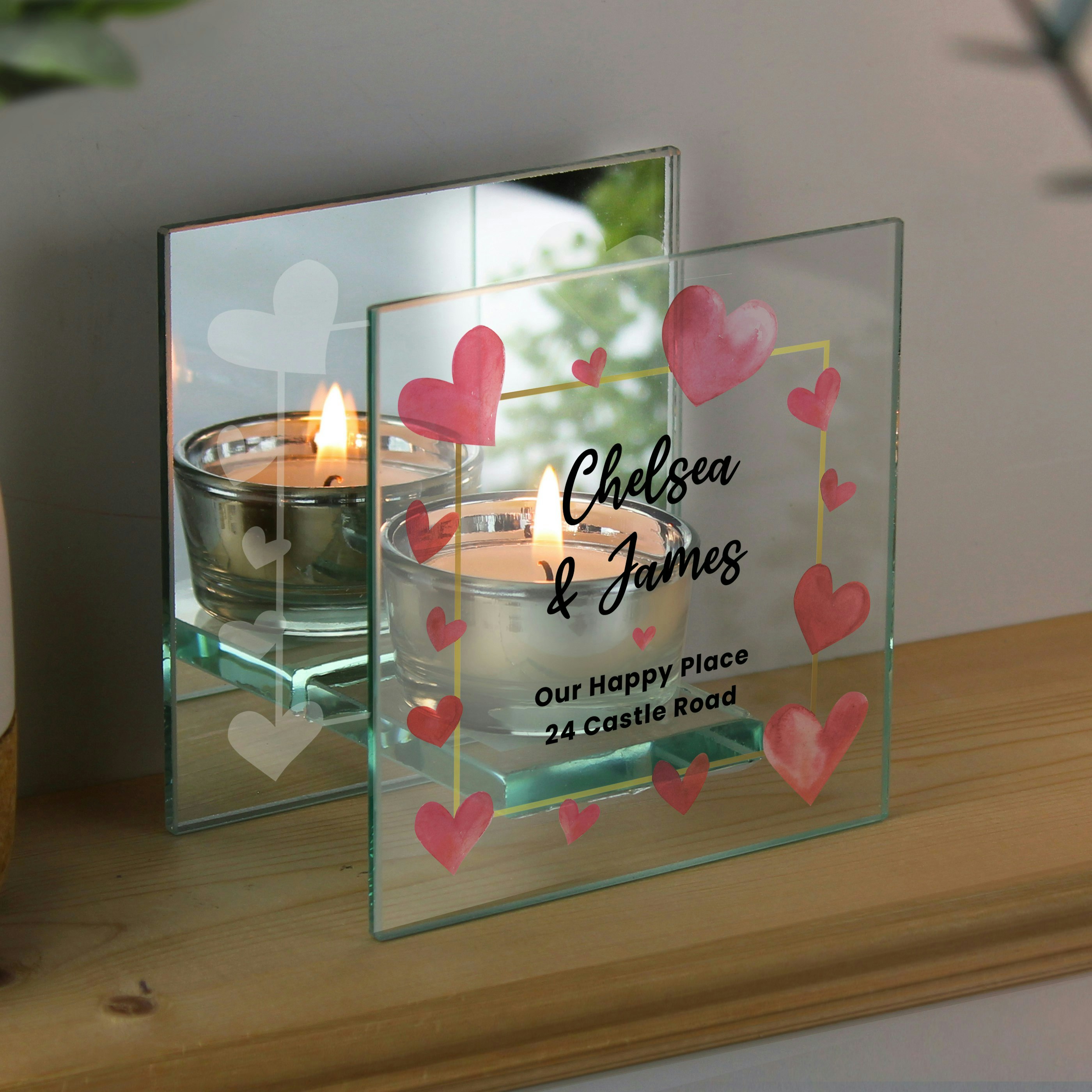 Rackhams Light Personalised Hearts Mirrored Glass Tea Holder