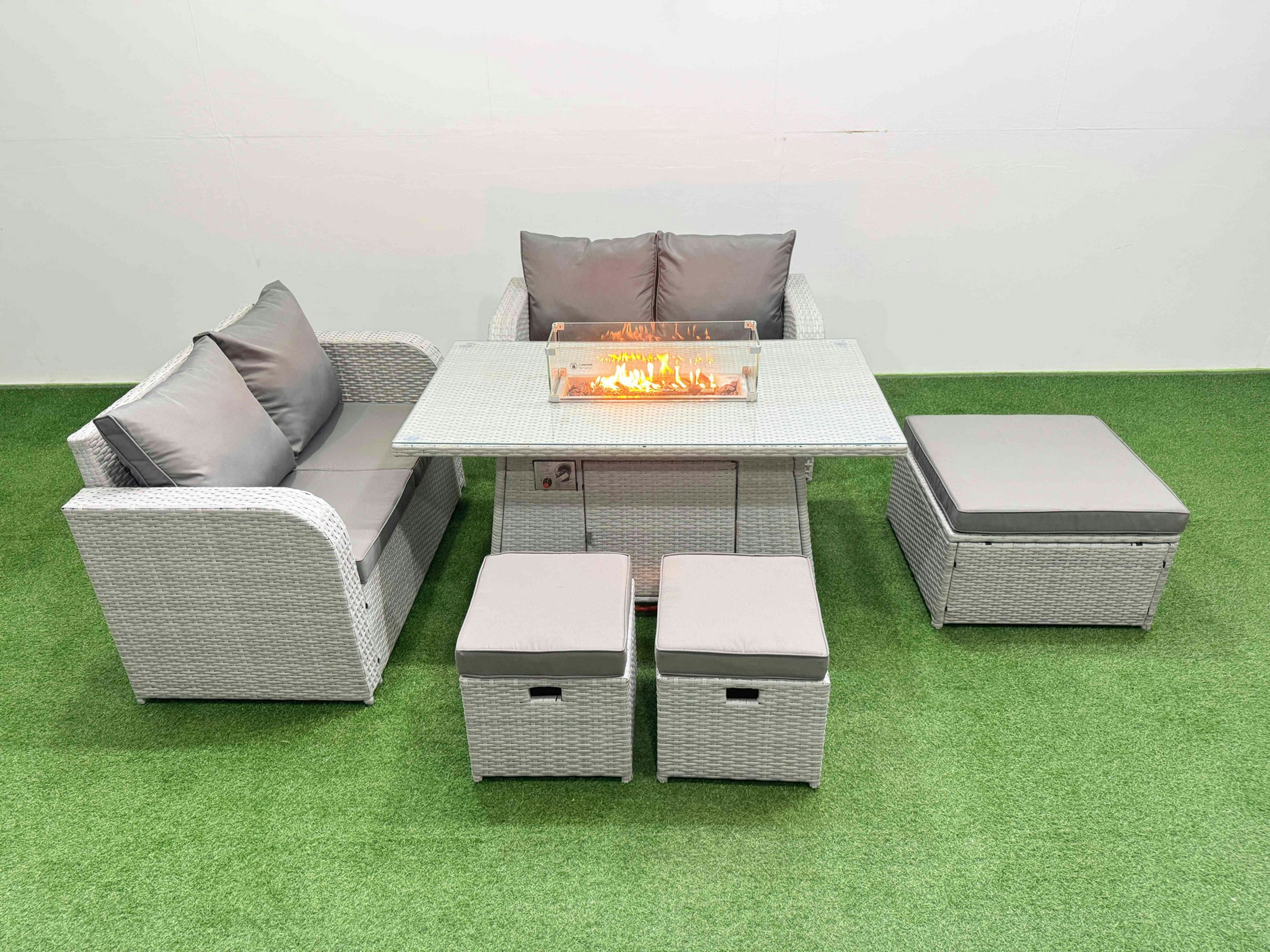 Rackhams Light/Grey 7 Seater Outdoor Love Sofa Set Rattan Garden Furniture Set With Fire Pit Dining Table 3 Footstool