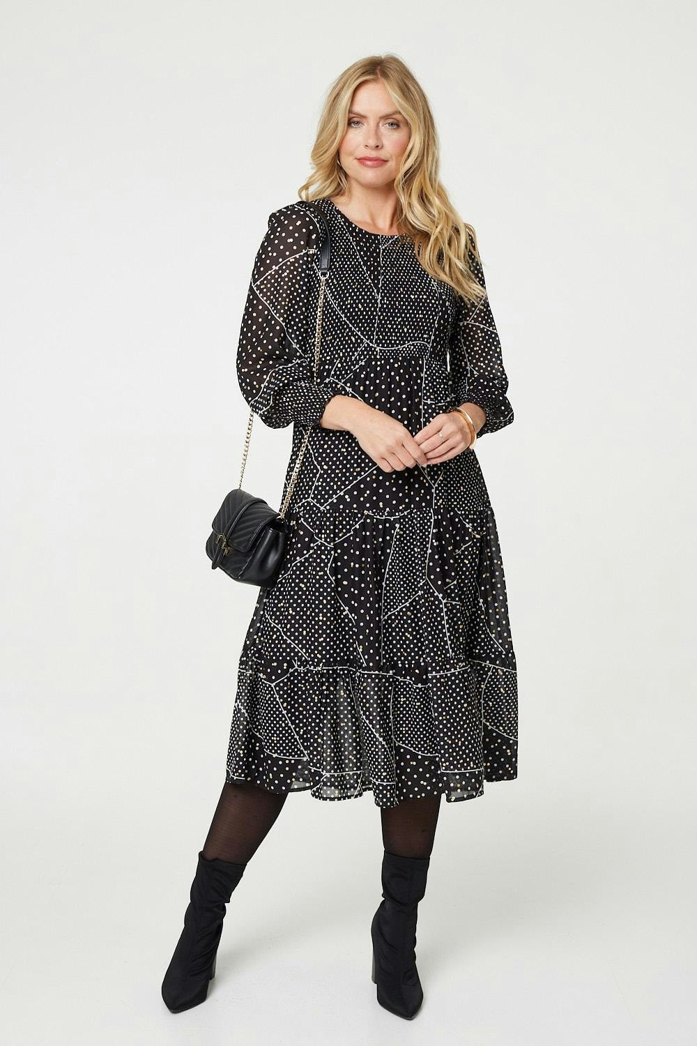 Izabel London Black Polka Dot Print Puff Sleeve Midi Dress - 8