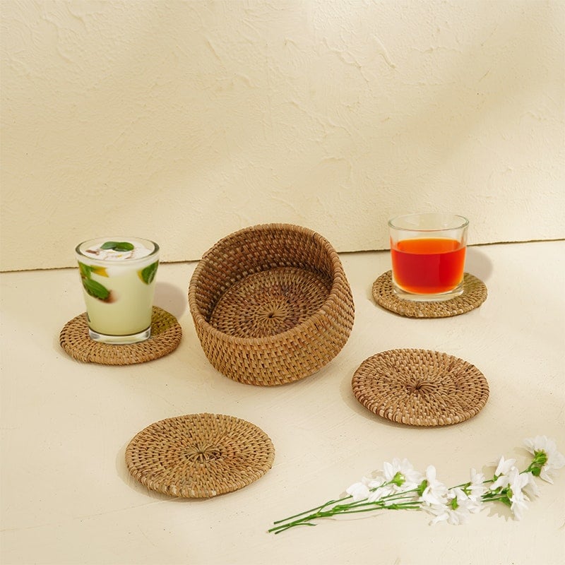 Rackhams Dark/Brown Round Rattan Coaster With Holder - Natural - Set 6