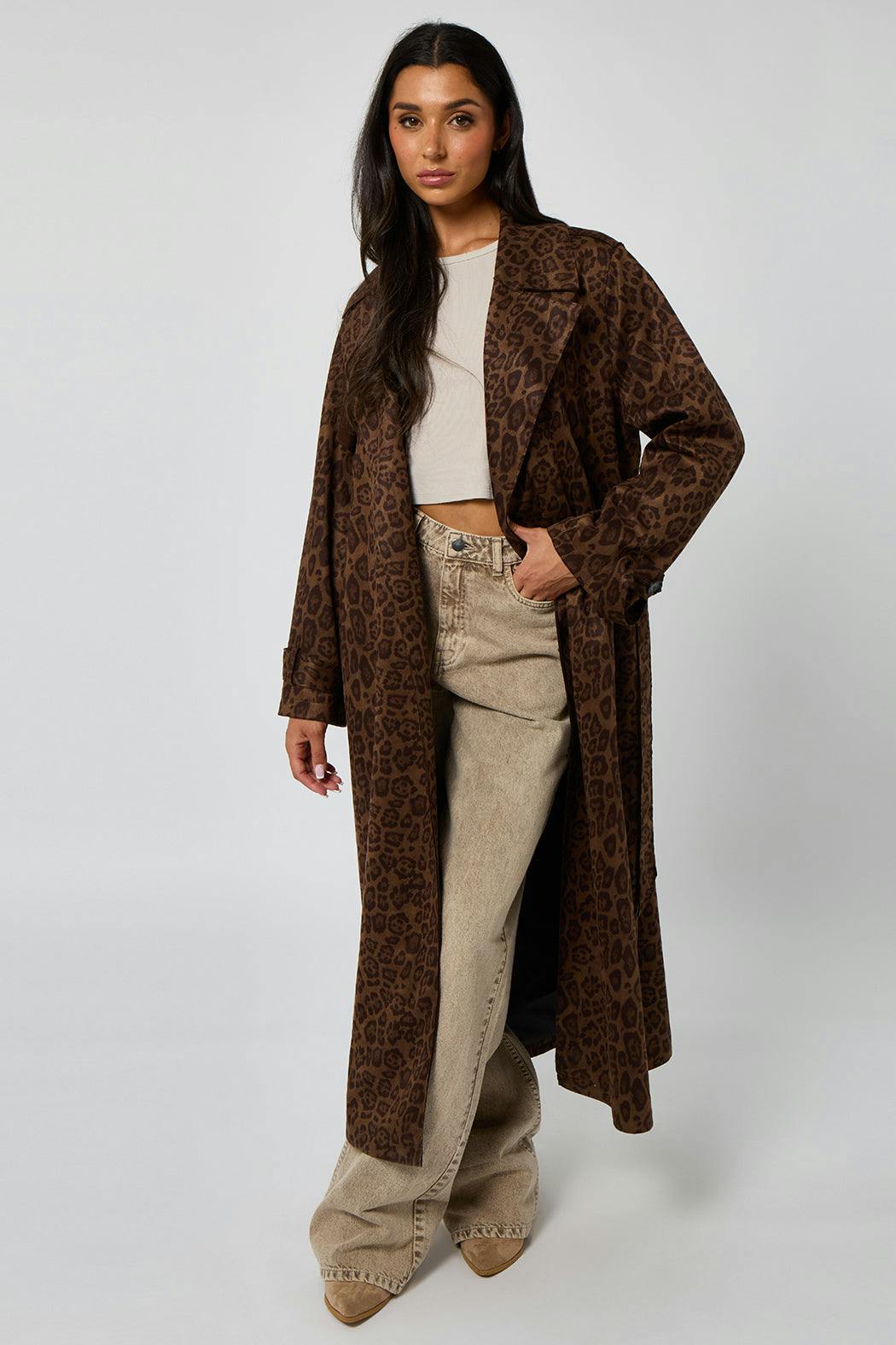 Urban Bliss Leopard Faux Suede Trench Coat - 16