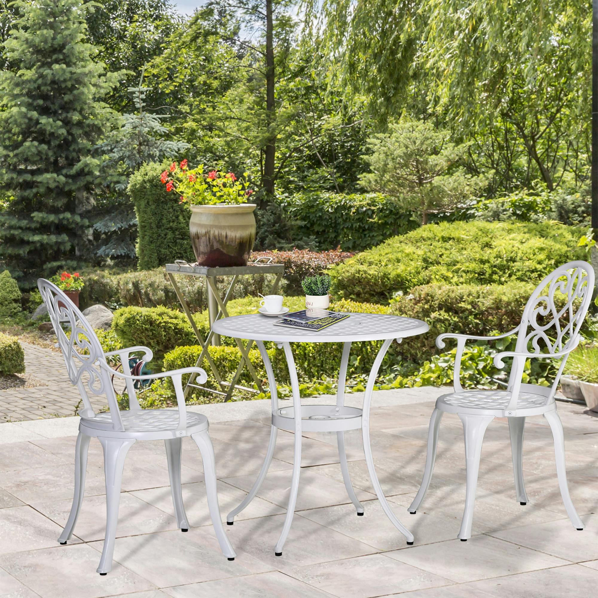 Rackhams White 3Pcs Garden Bistro Set Cast Aluminium Round Table With 2 Chairs