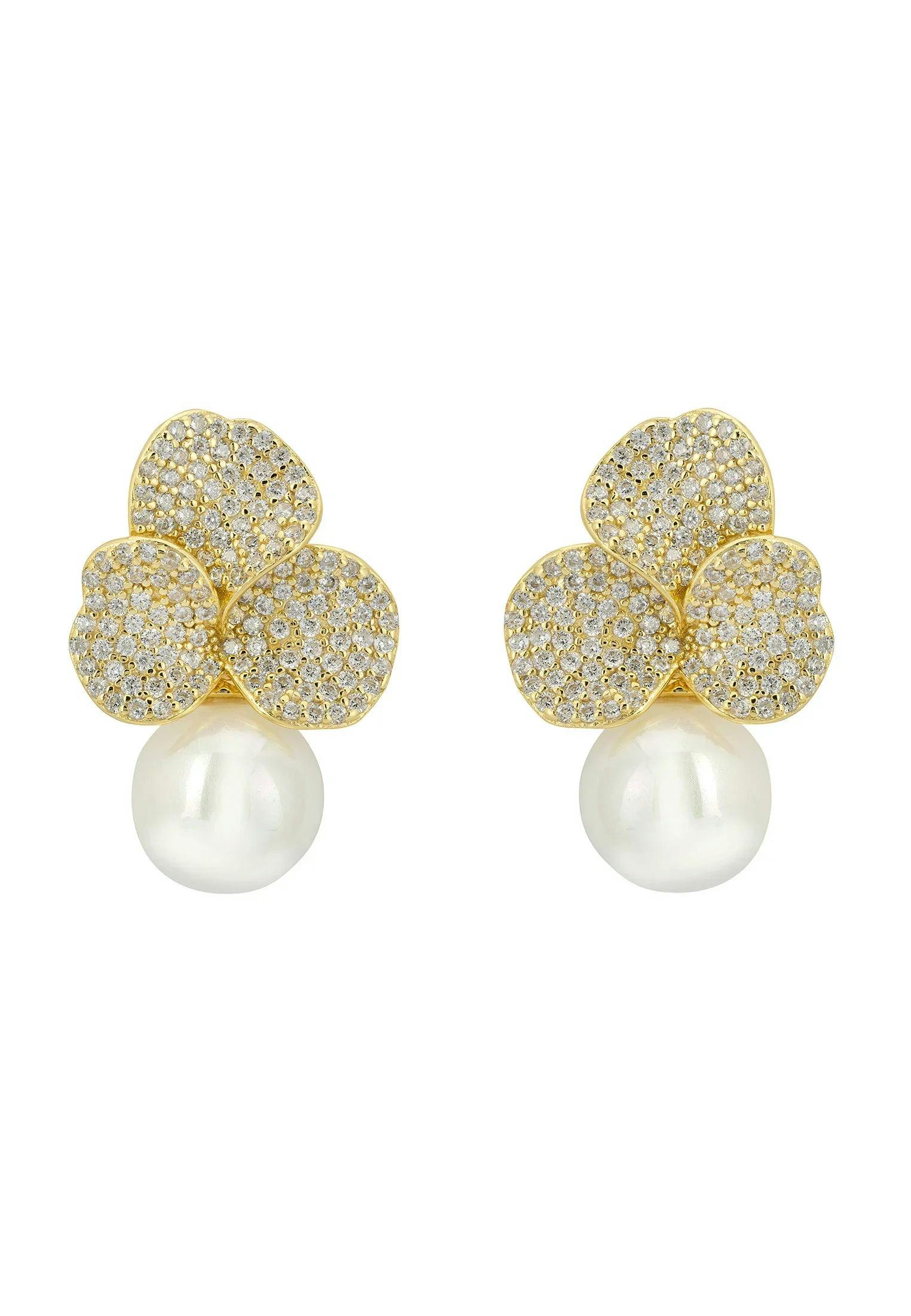 Latelita Gold Iris Flower And Pearl Dangle Earrings