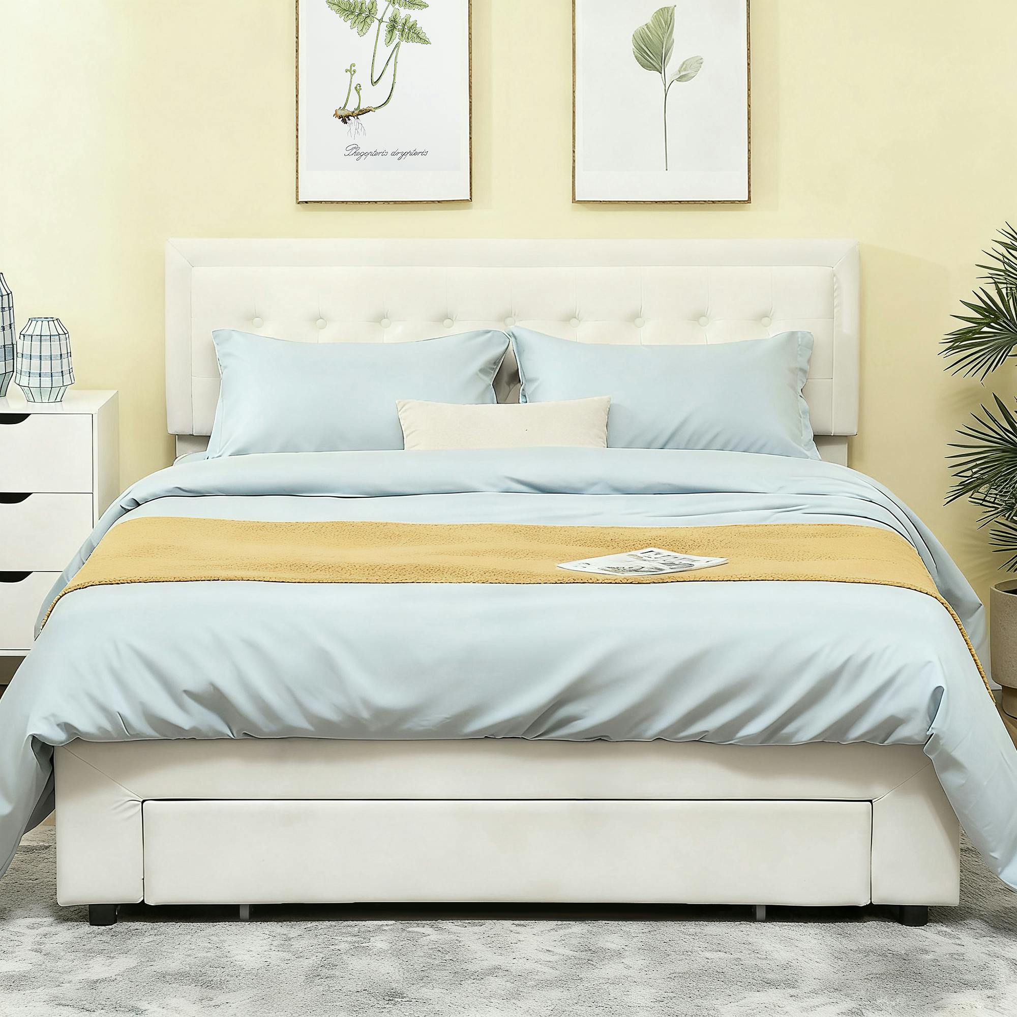 Size Bed Frame King Storage Adjustable Headboard Cream - Image 2