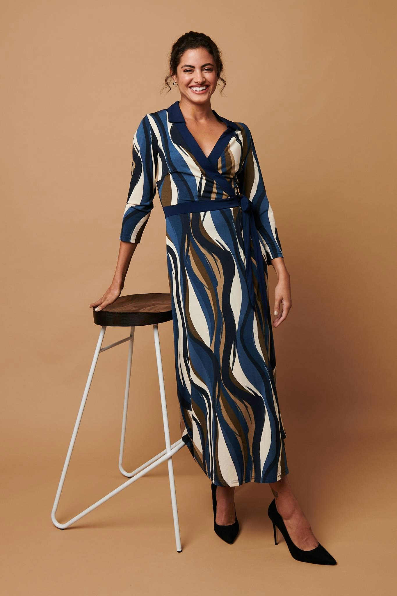 Izabel London Blue Striped 3/4 Sleeve Midi Wrap Dress - 14