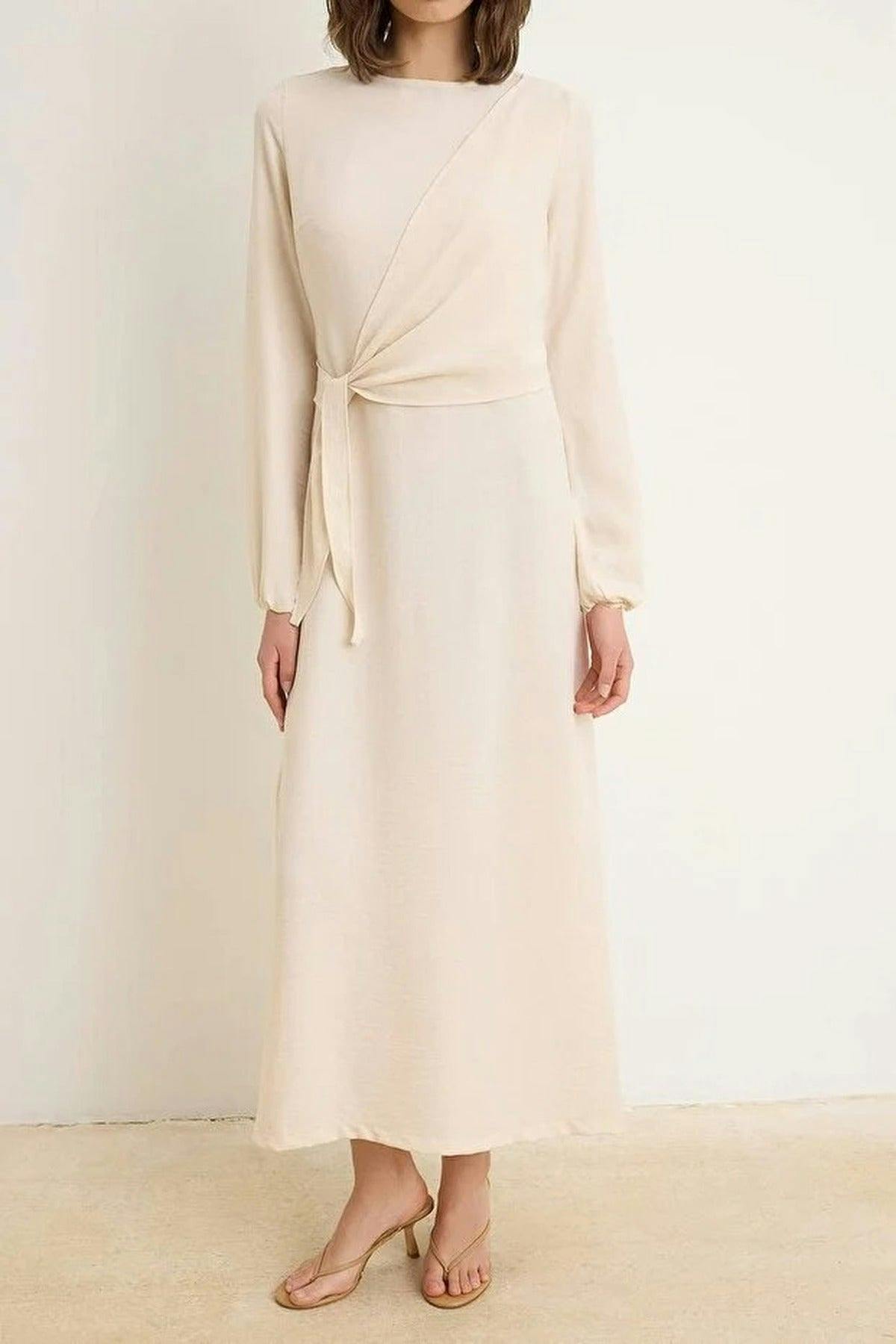 Wovcor Tie Waist Long Sleeve Maxi Dress - Ecru - 10