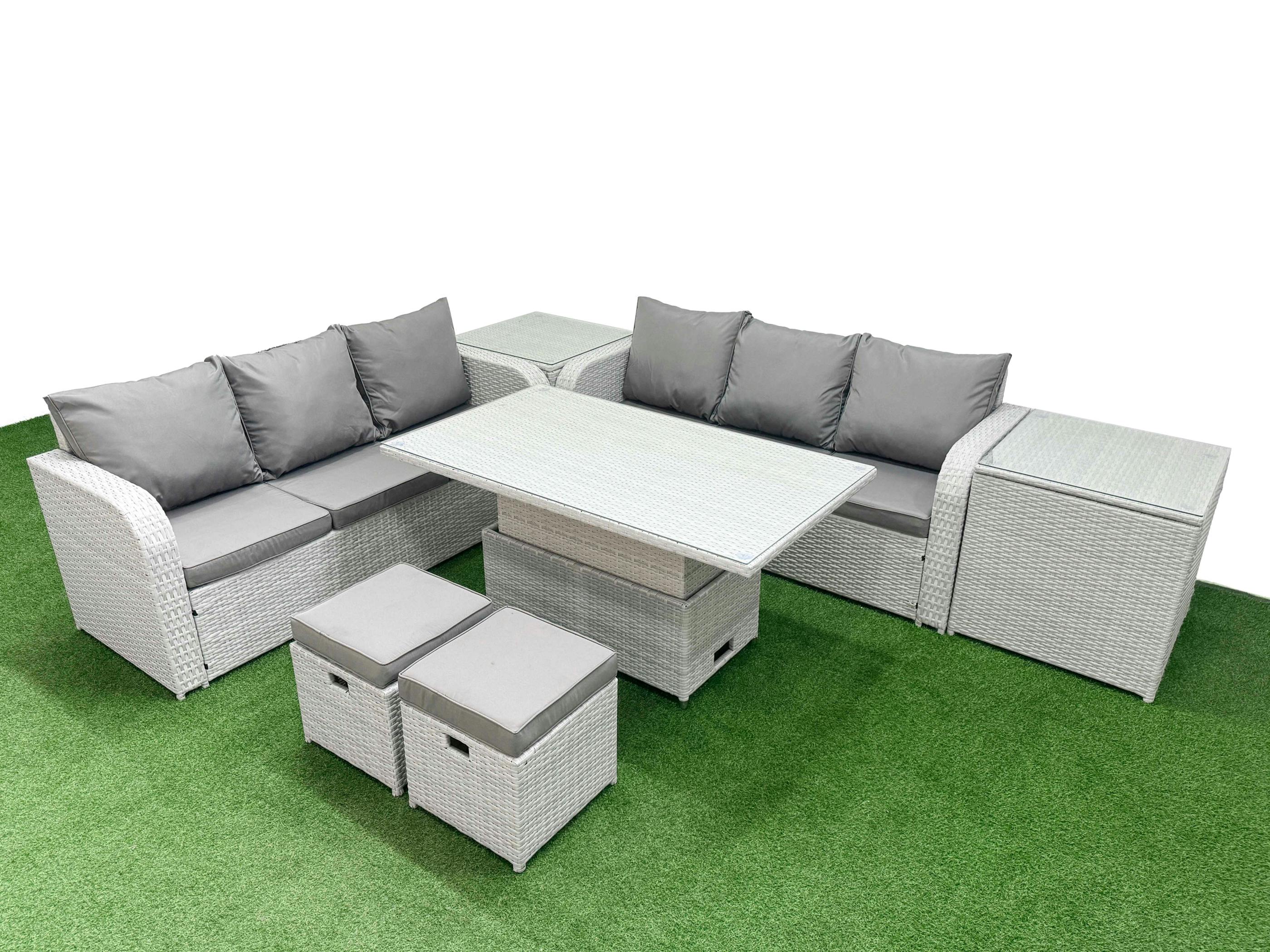 Rackhams Light/Grey 8 Seater Patio Lounge Set, Wicker Rattan, Adj Height Table, High Back Sofa, Stools And 2 Side Tables,