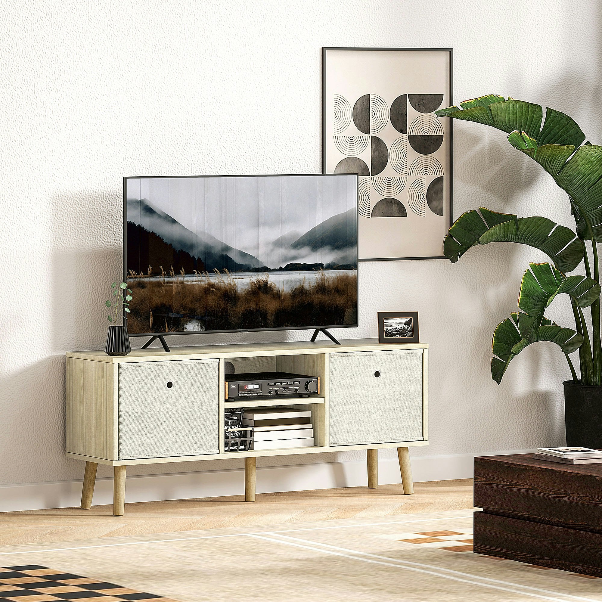 Rackhams White/Grey Modern Tv Cabinet Stand W/ Shelves & Drawers, Bedroom & - Natural Wood Finish