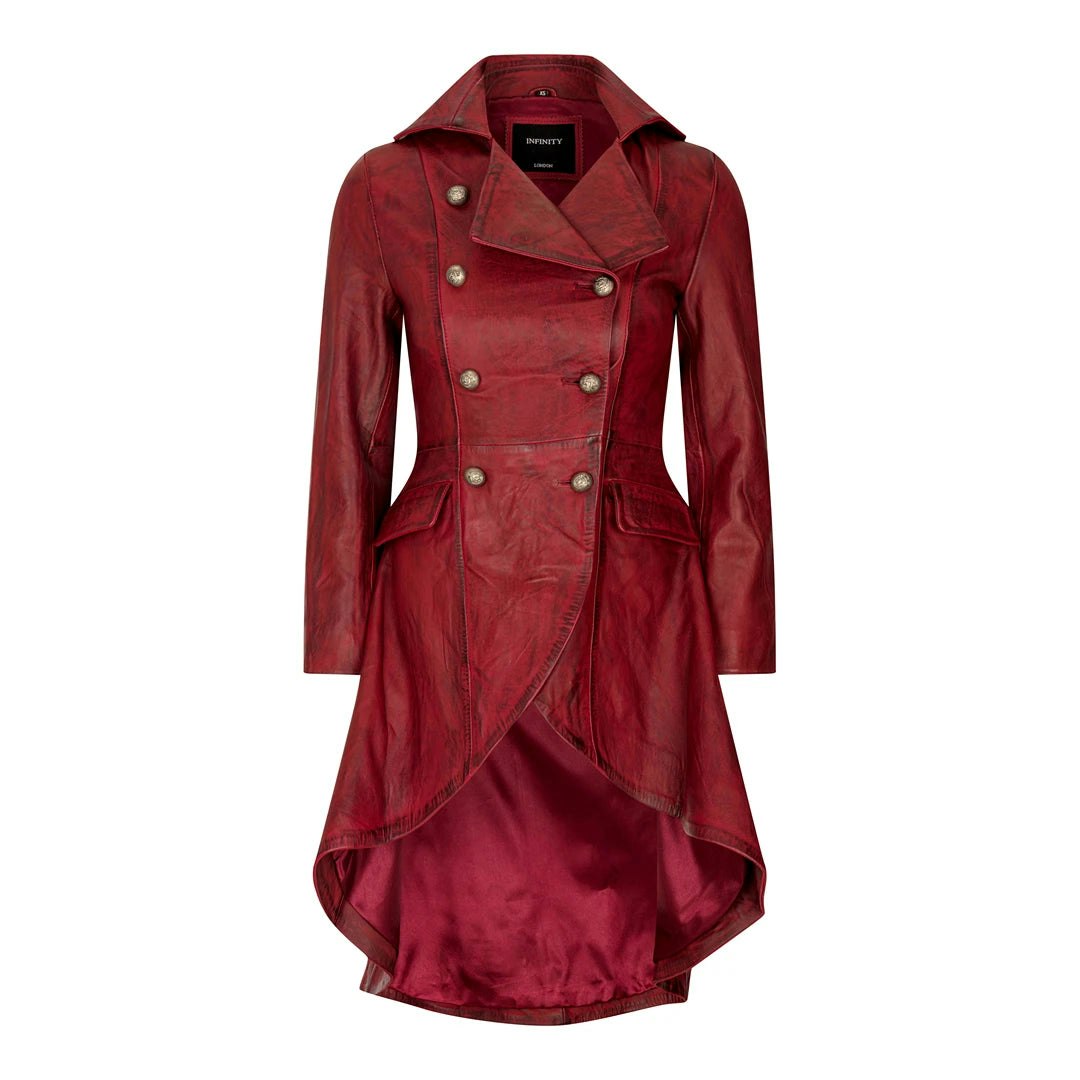 Infinity Leather Women's Burgundy Gothic Tail Coat Double Breasted Leather Jacket - Uk 14