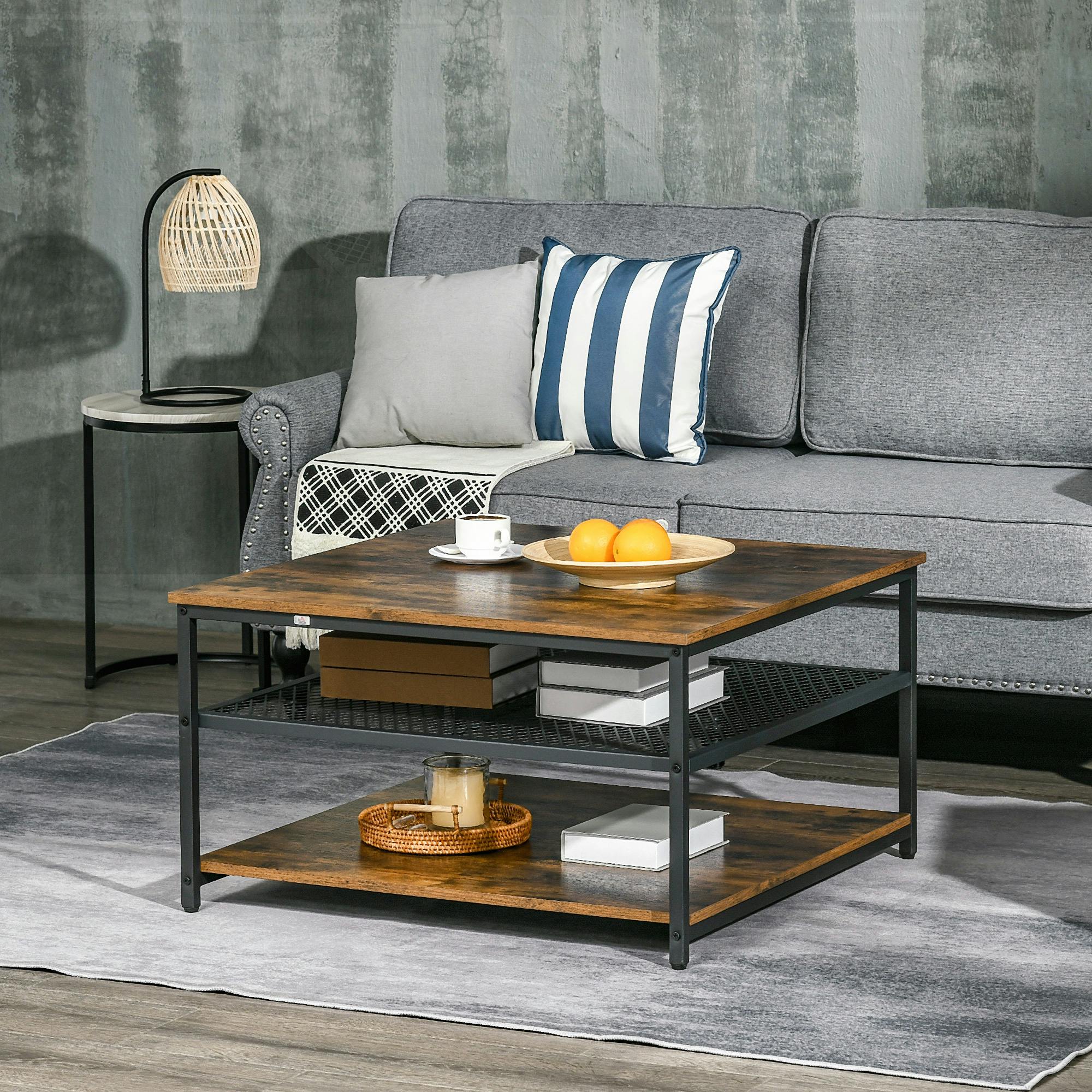 Rackhams Brown Industrial Coffee Table, Cocktail Table W/ Storage Shelves, Rustic