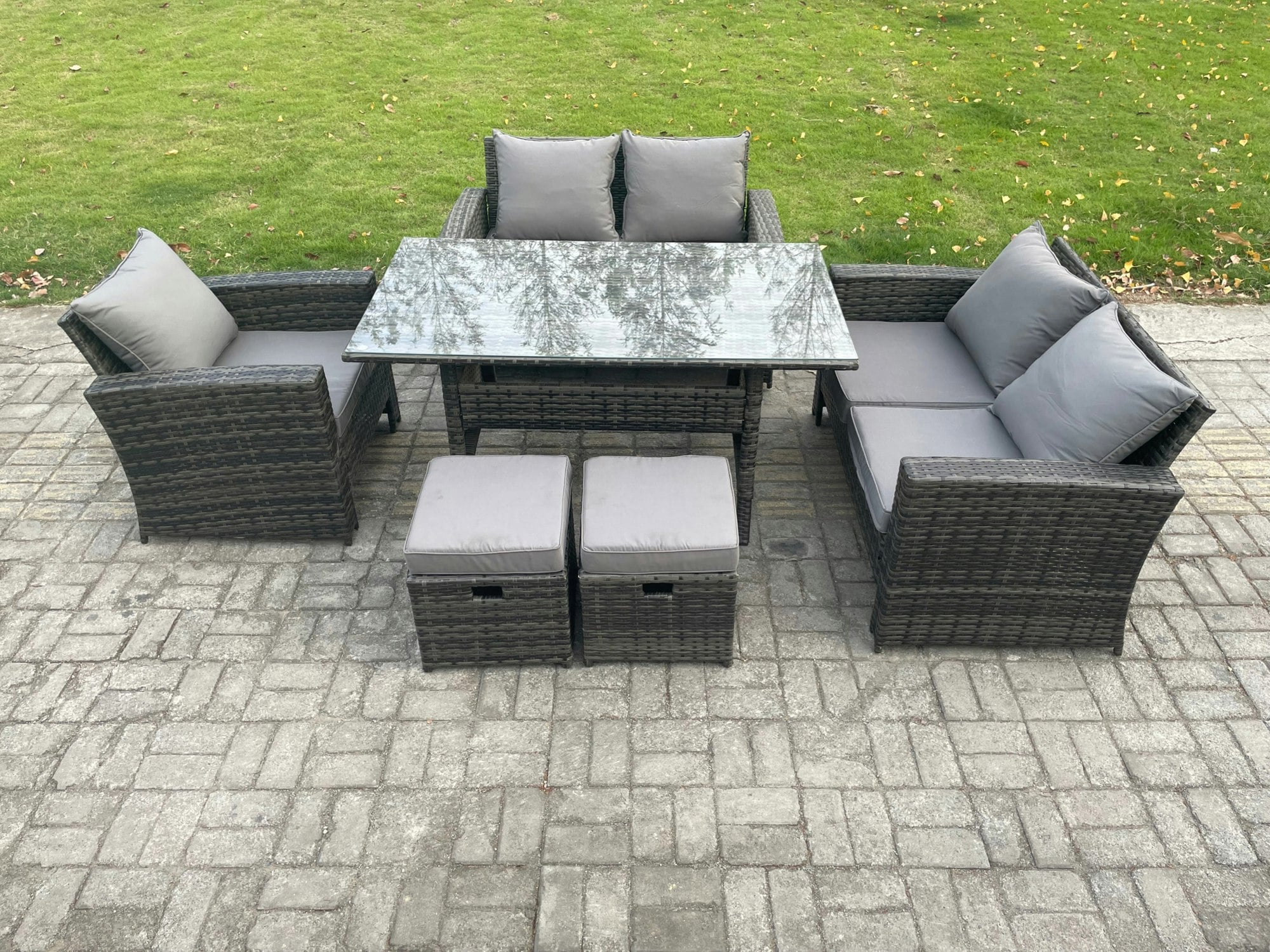 Fimous Dark/Grey Wicker Rattan Garden Dining Set Outdoor Furniture Sofa With Dining Table Double Seat Sofa 2 Small Footstools Mixed