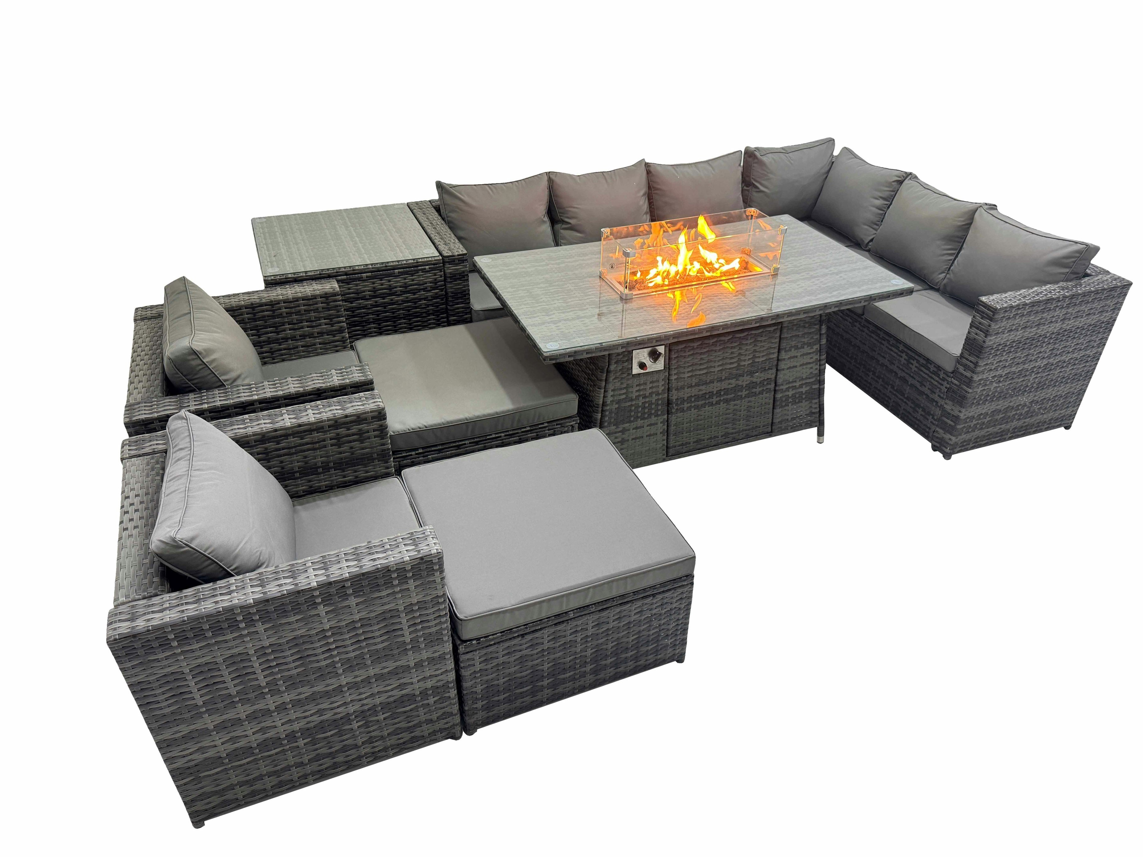 Rackhams Dark/Grey Garden Rattan Furniture Set 10 Seater Outdoor Corner Sofa 2 Chair Gas Fire Pit Dining Table Set With 2 Big Stools Side Table