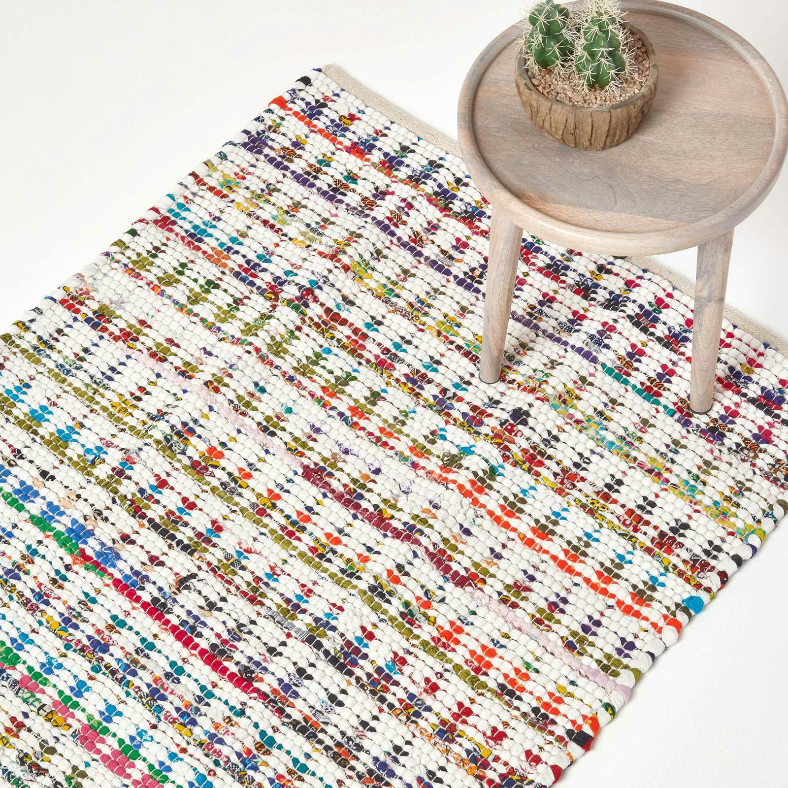 Rackhams White/Yellow/Orange Handwoven Multi Coloured 100% Cotton Diamond Chindi Rug - 160 X 230 Cm