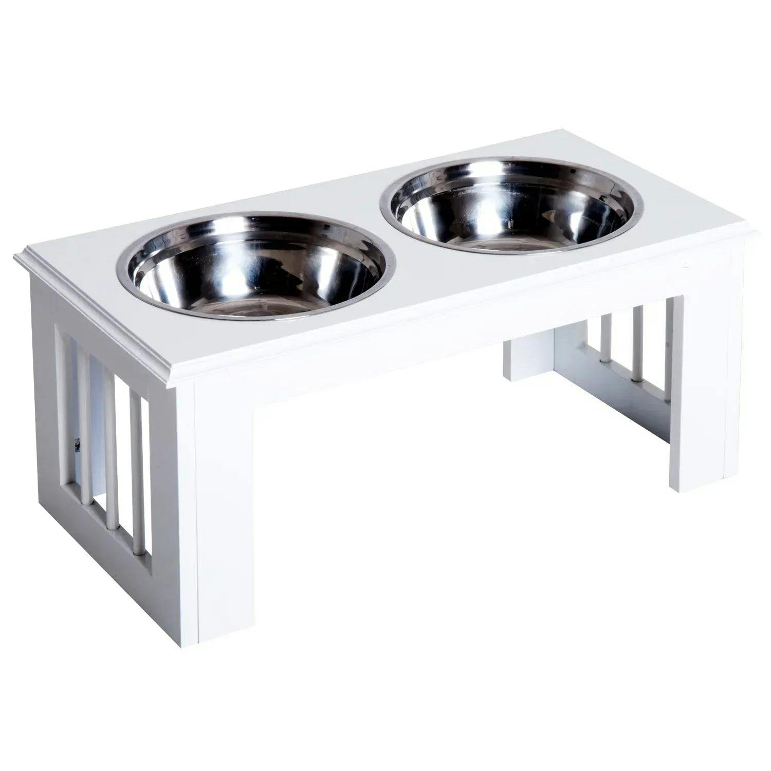 Pawhut Raised Dog Bowl Stand With 2 Stainless Steel Bowls, Elevated White Mdf Feeder D08-015Wt - Image 4