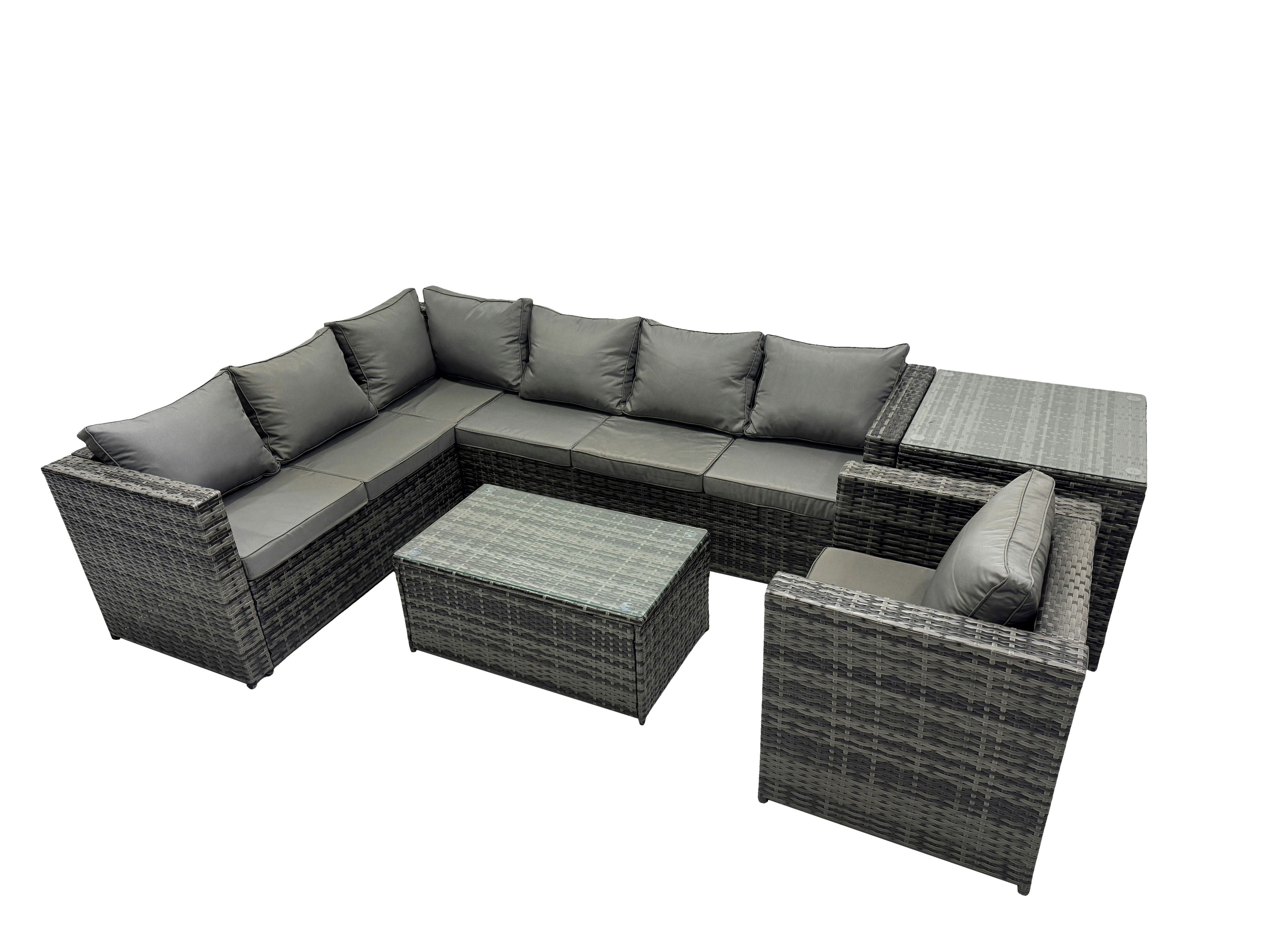 Fimous Dark/Grey Outdoor Rattan Rectangular Coffee Table Corner Sofa Sets Garden Furniture Set With Side Table Mixed