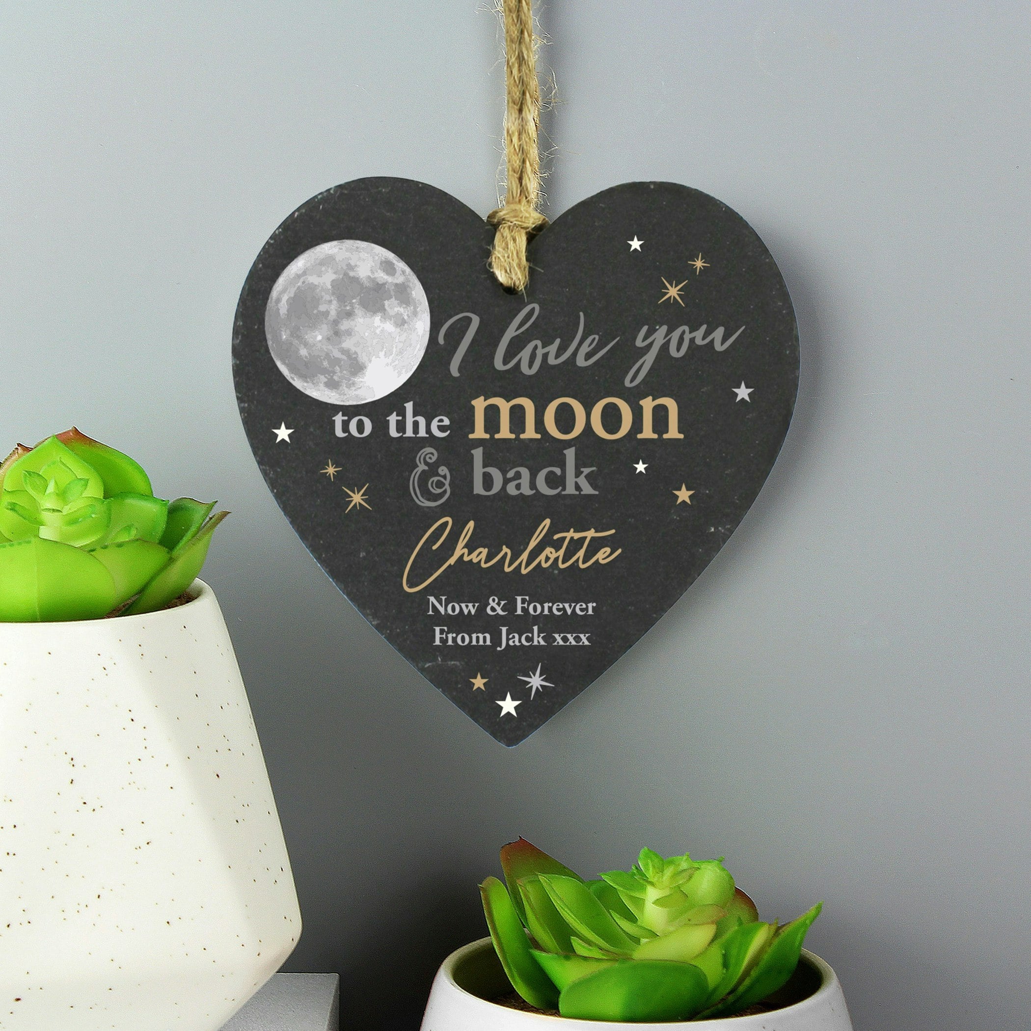 Rackhams Gold Personalised Moon And Back Slate Heart Decoration