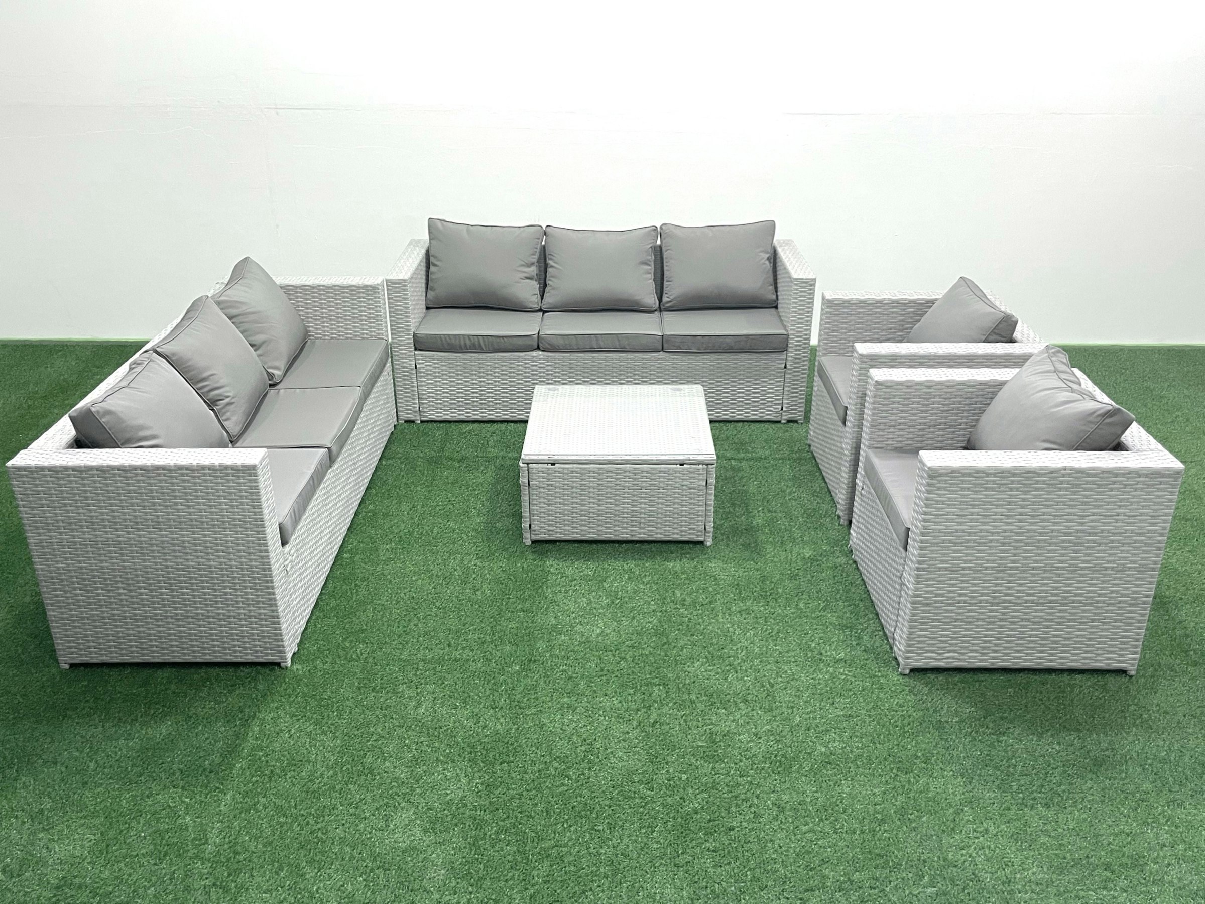 Rackhams Light/Grey Outdoor Rattan Sofa Garden Furniture Set With 2 Armchairs Square Coffee Table Mixed