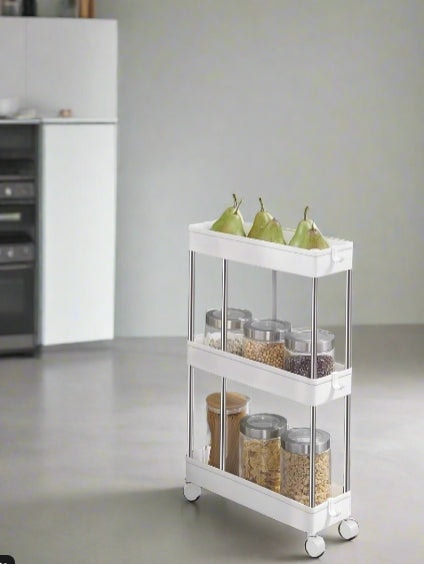 Modcraft White 3-Tier Slim Storage Trolley With Wheels – Rolling Utility Cart For Kitchen, Bathroom