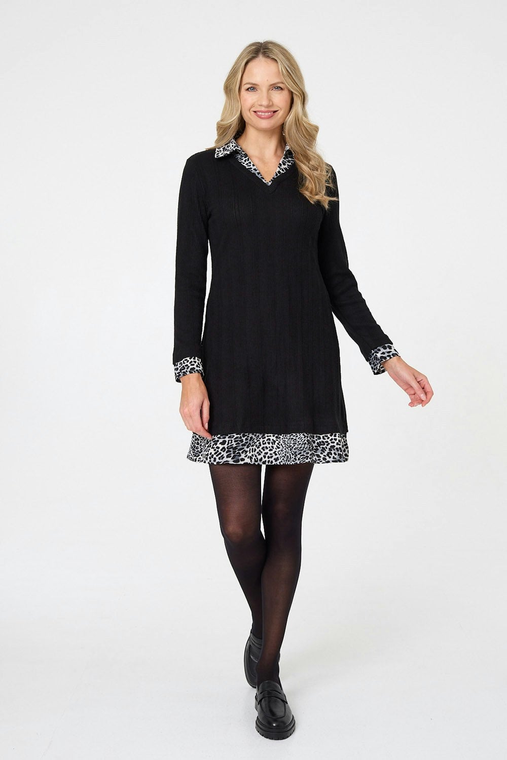 Izabel London Black Animal Print Layered Short Shirt Dress - 8