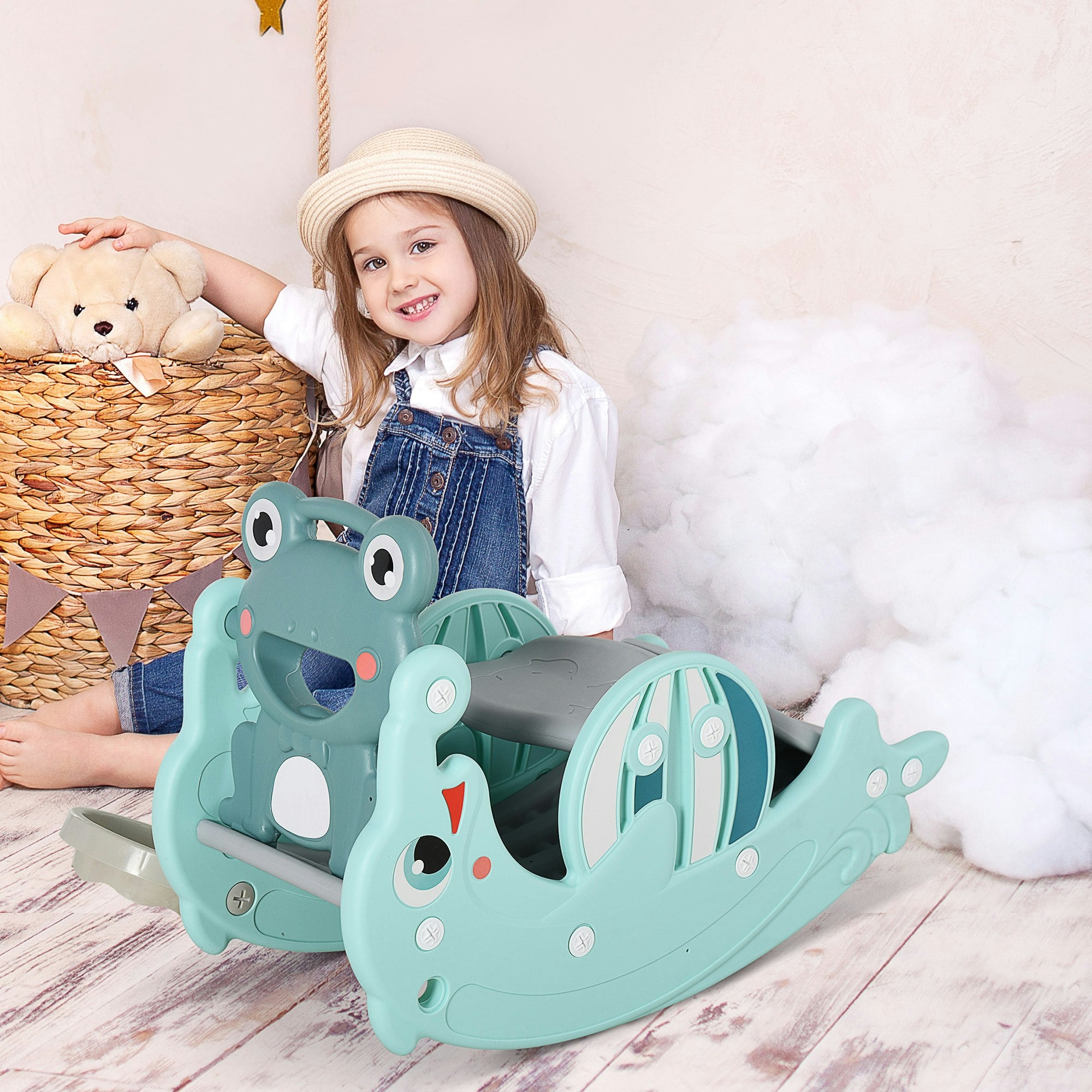 Homcom Green 3-In-1 Baby Rocking Horse Portable Slide Basketball Hoop, Age 1.5-3 - 72Cm X 34Cm X47cm - Rocking Horse
