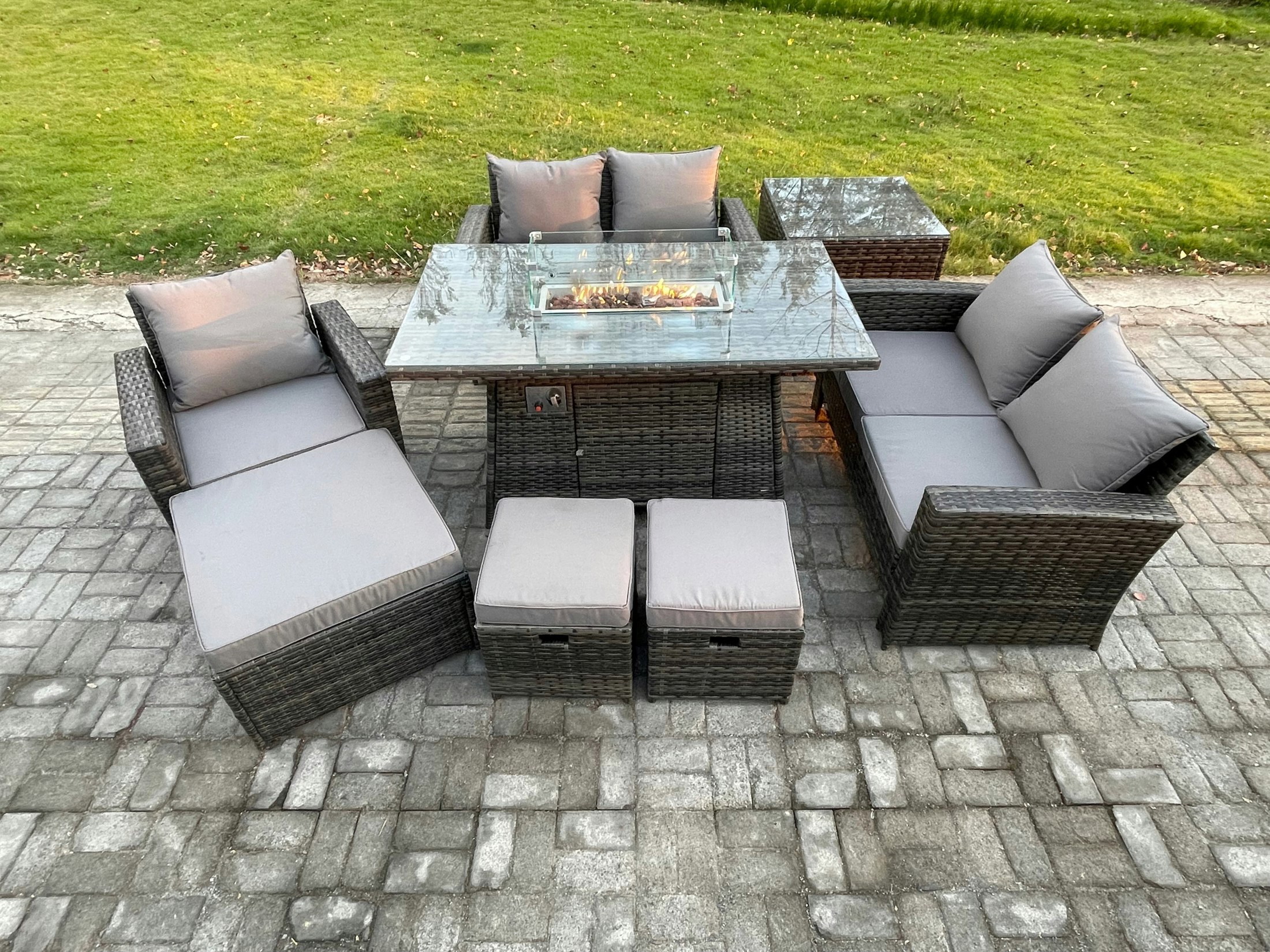 Rackhams Dark/Grey 8 Seater Rattan Outdoor Garden Furniture Gas Fire Pit Table Sets Gas Heater With Love Sofa Armchair 3 Footstools Side Table Mixed