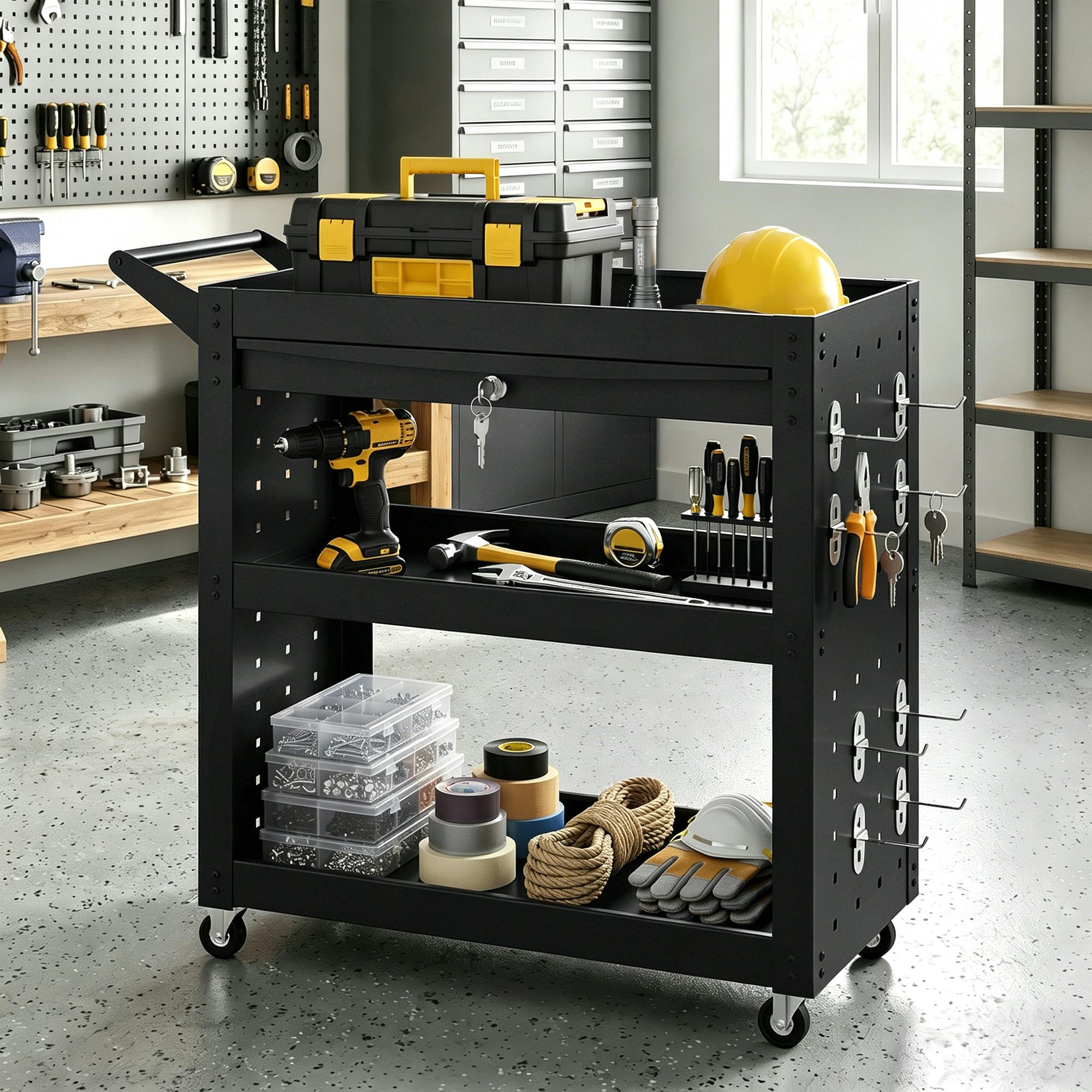 Rackhams Black Storage Trolley Wheel Cart With Lockable Wheels