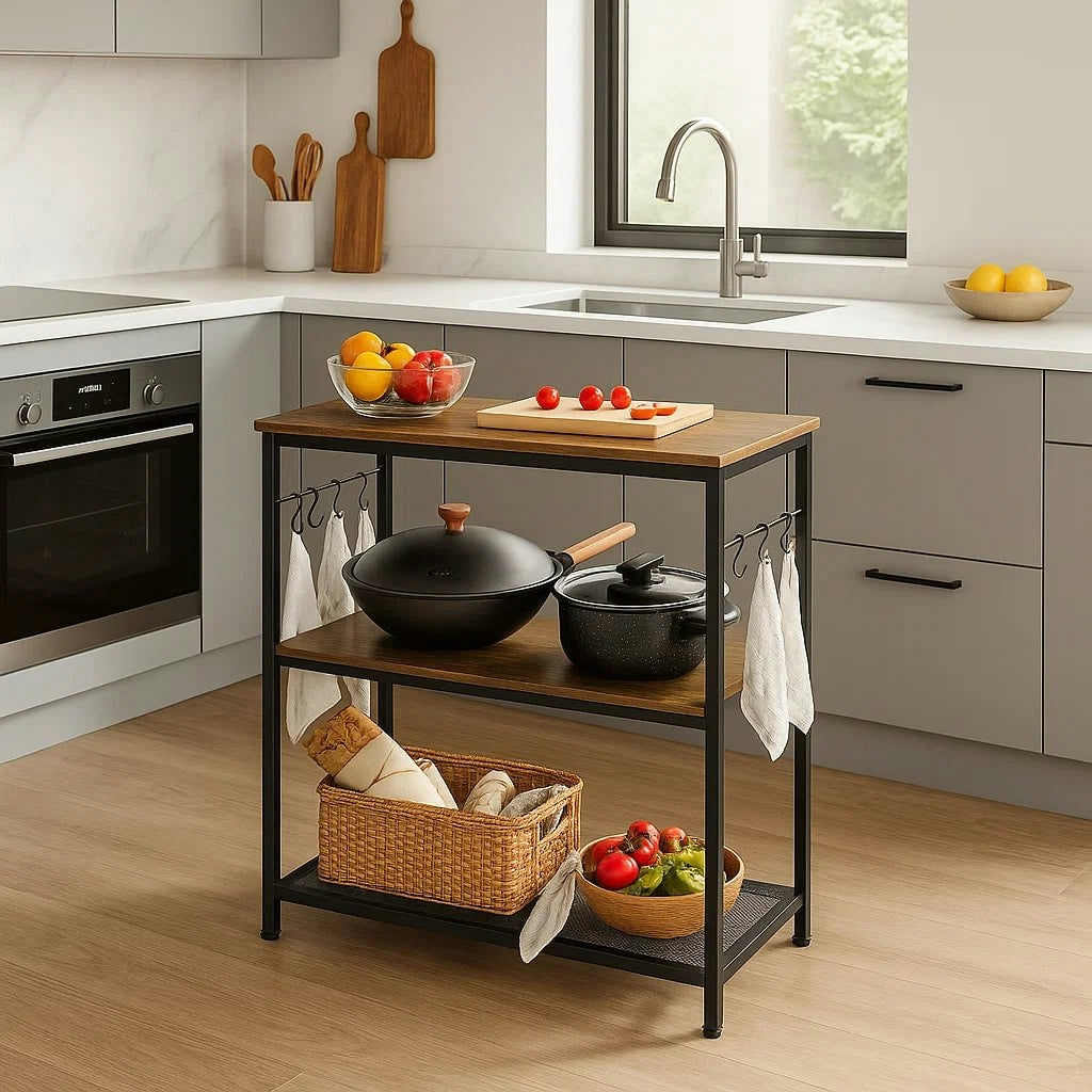 Modcraft Brown/Black Kitchen Island Shelf, Baker’s Rack With 3 Shelves & Hooks, Rustic &