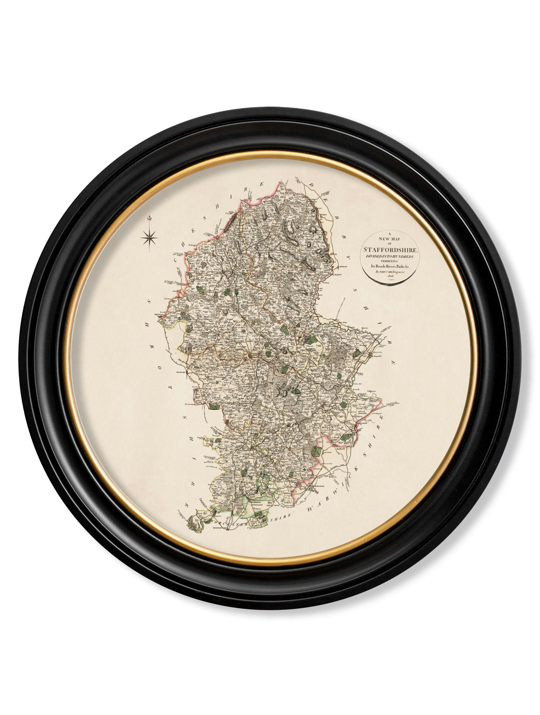 Exceptional Art Black C.1806 County Maps Of England - Round - 70 X 70Cm - Staffordshire