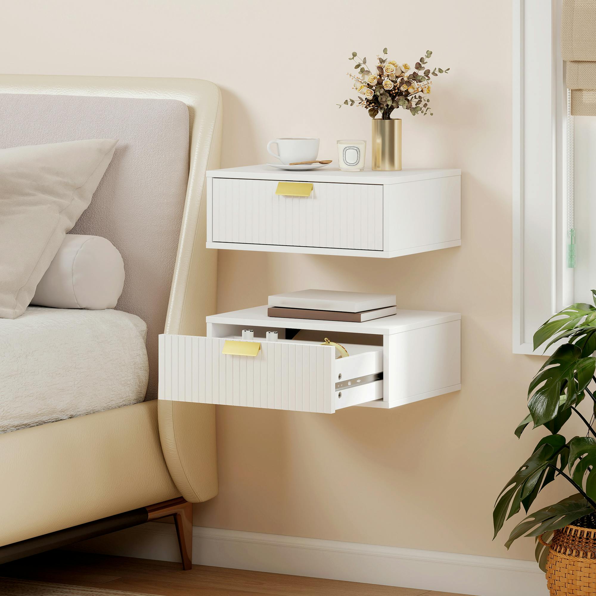 Rackhams White Floating Nightstands Set Of 2 Bedside Tables W/ Wave Drawer