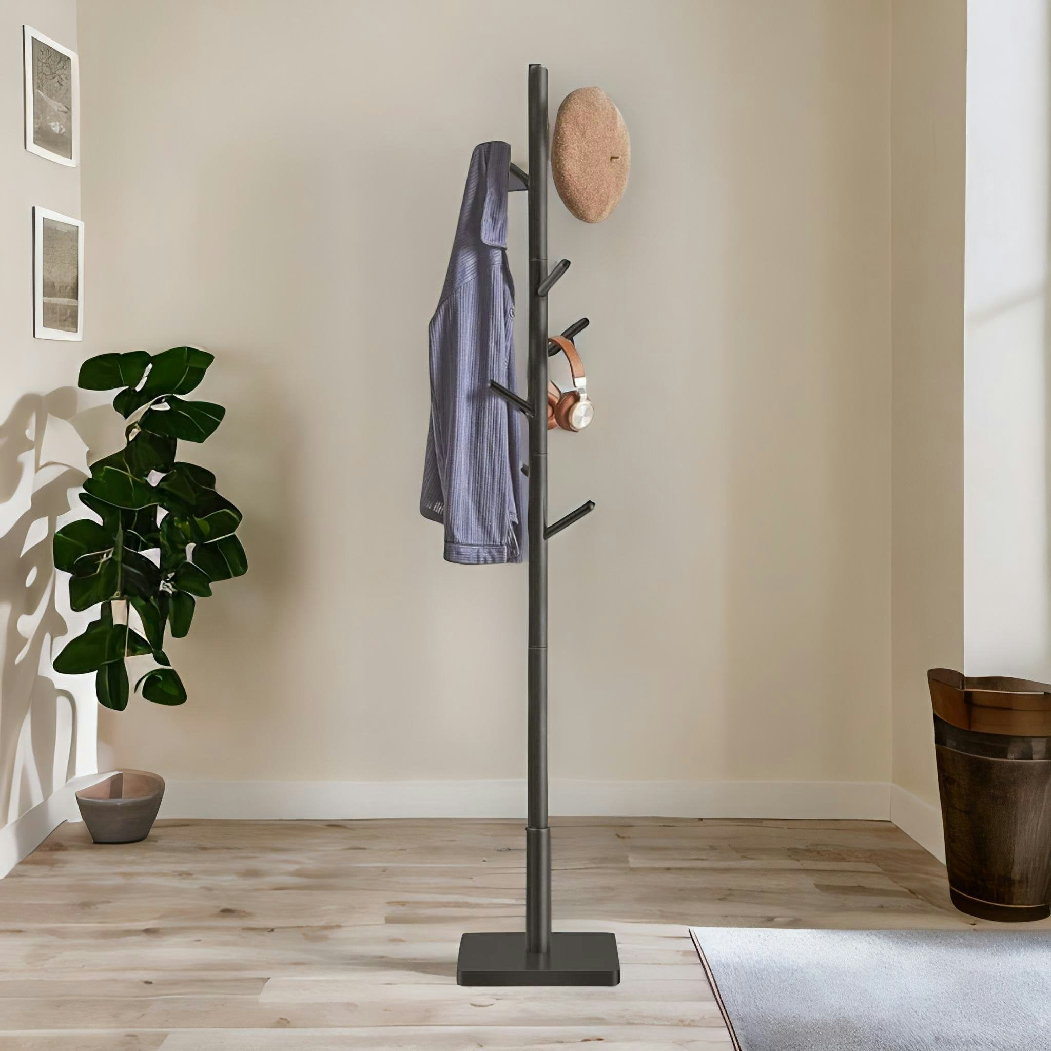 Rafaelo Mobilia Black Wooden Square Base Coat Stand With 8 Hooks