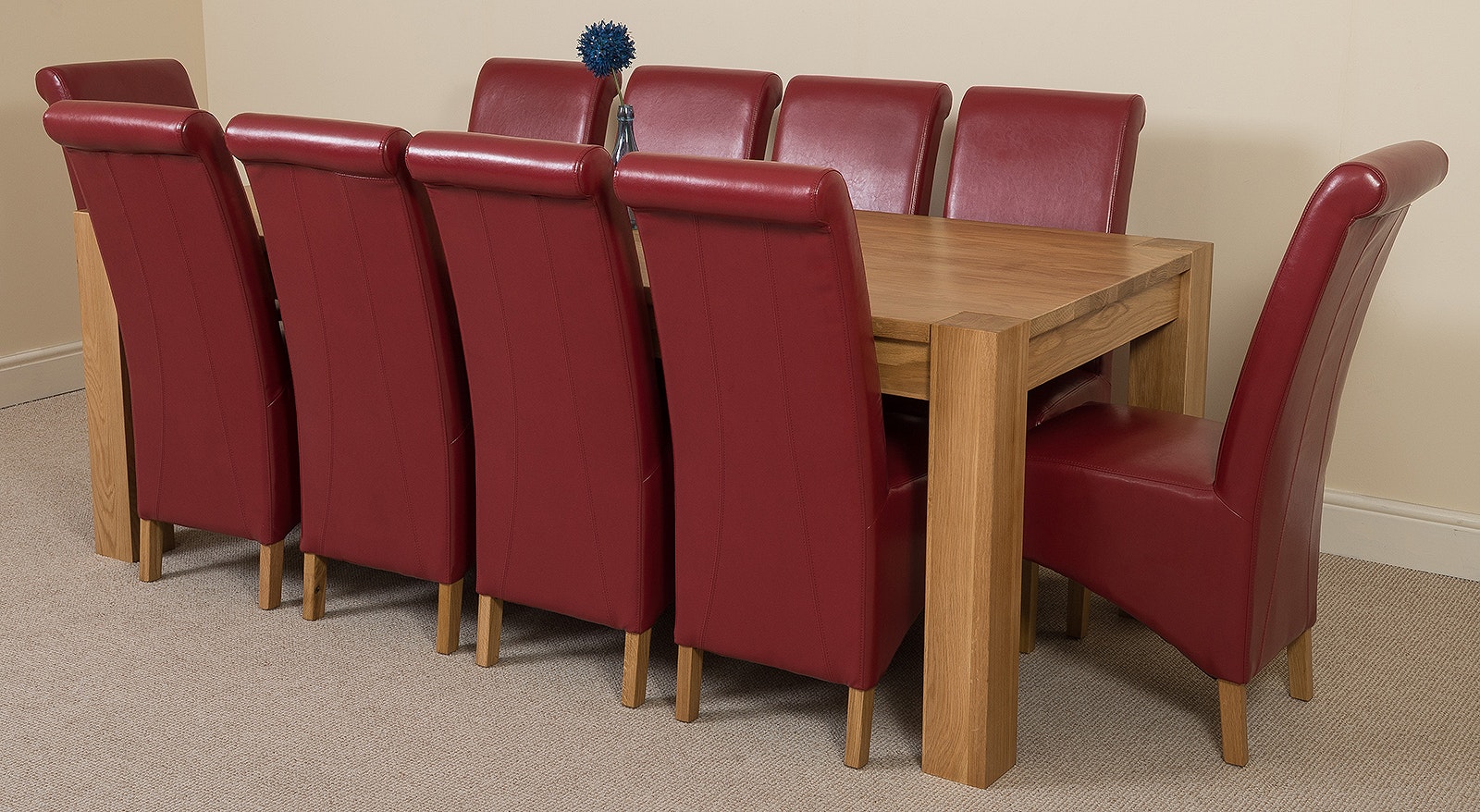 That's Furniture Burgundy Kuba Extra Large Oak Dining Table With Montana Leather Chairs - 10 Chairs